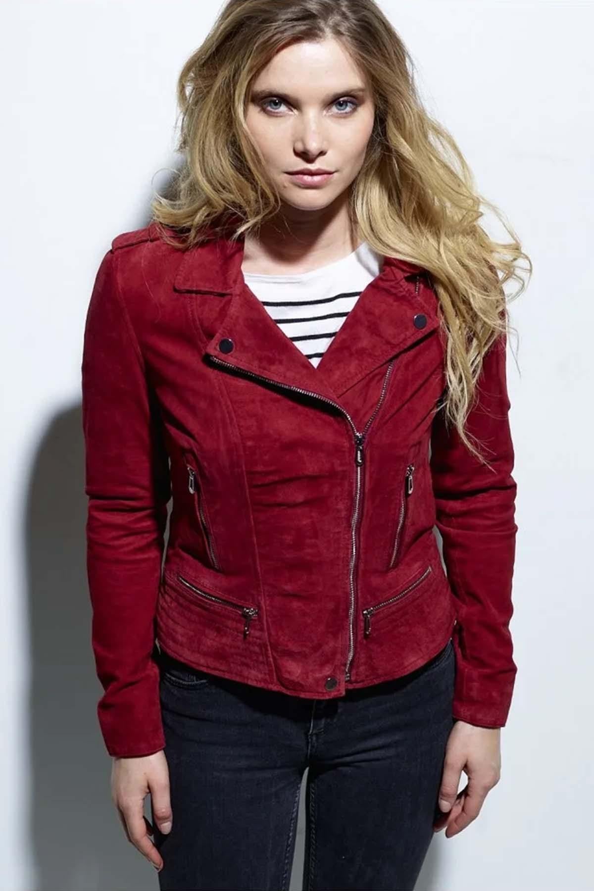 Red suede leather Biker Jacket jacket - Image n°5