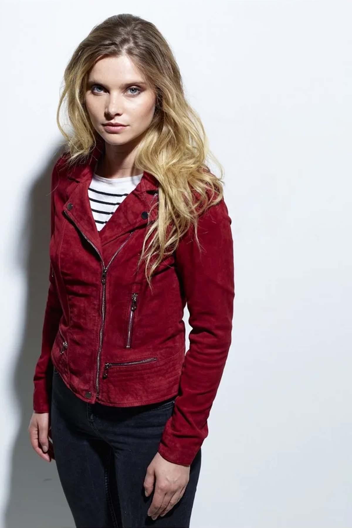 Red suede leather Biker Jacket jacket - Image n°6