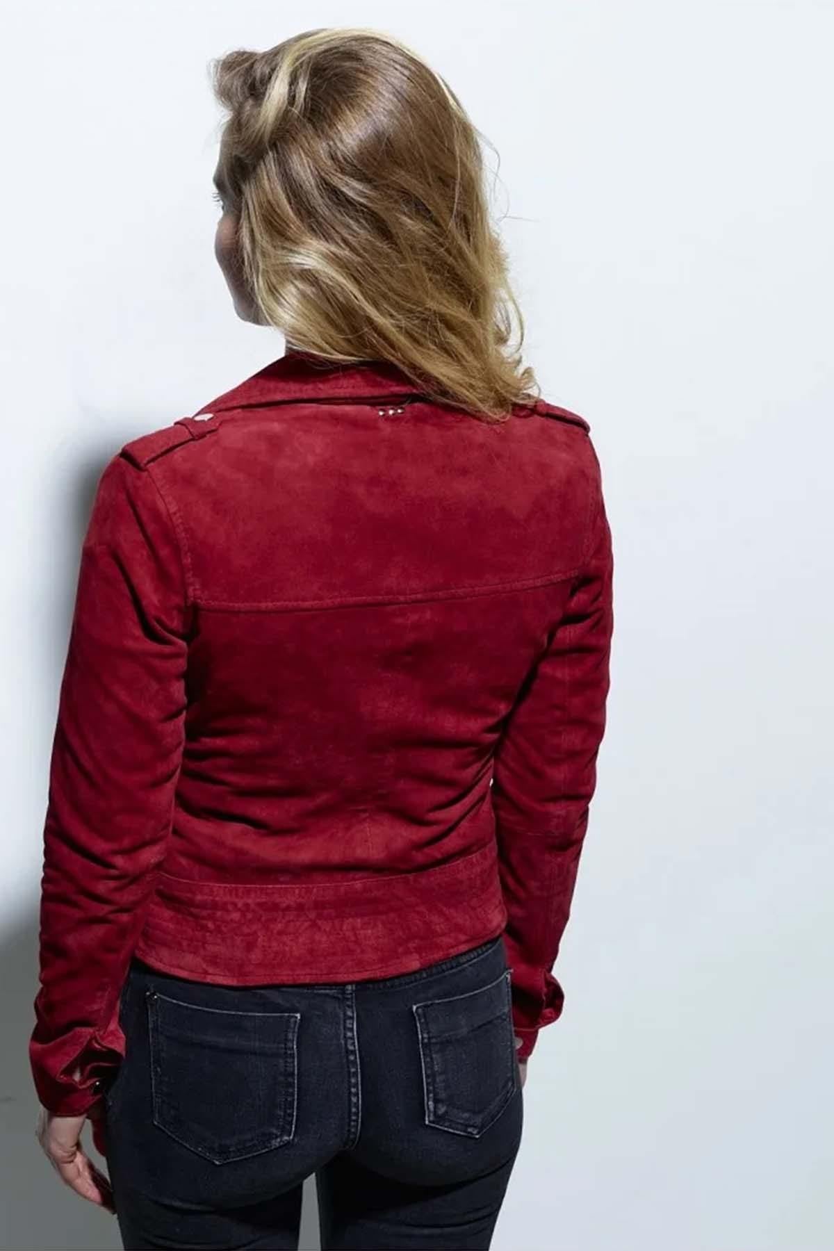 Red suede leather Biker Jacket jacket - Image n°4