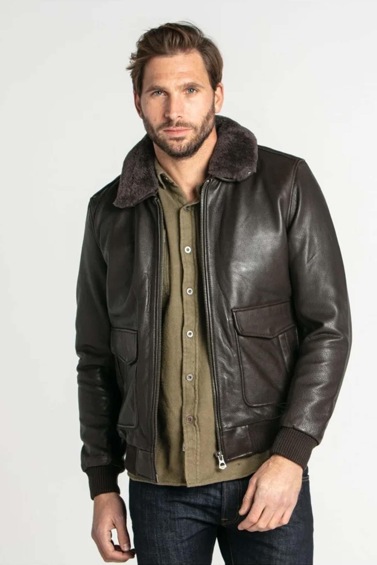 Thick brown cowhide leather aviator - Image n°1