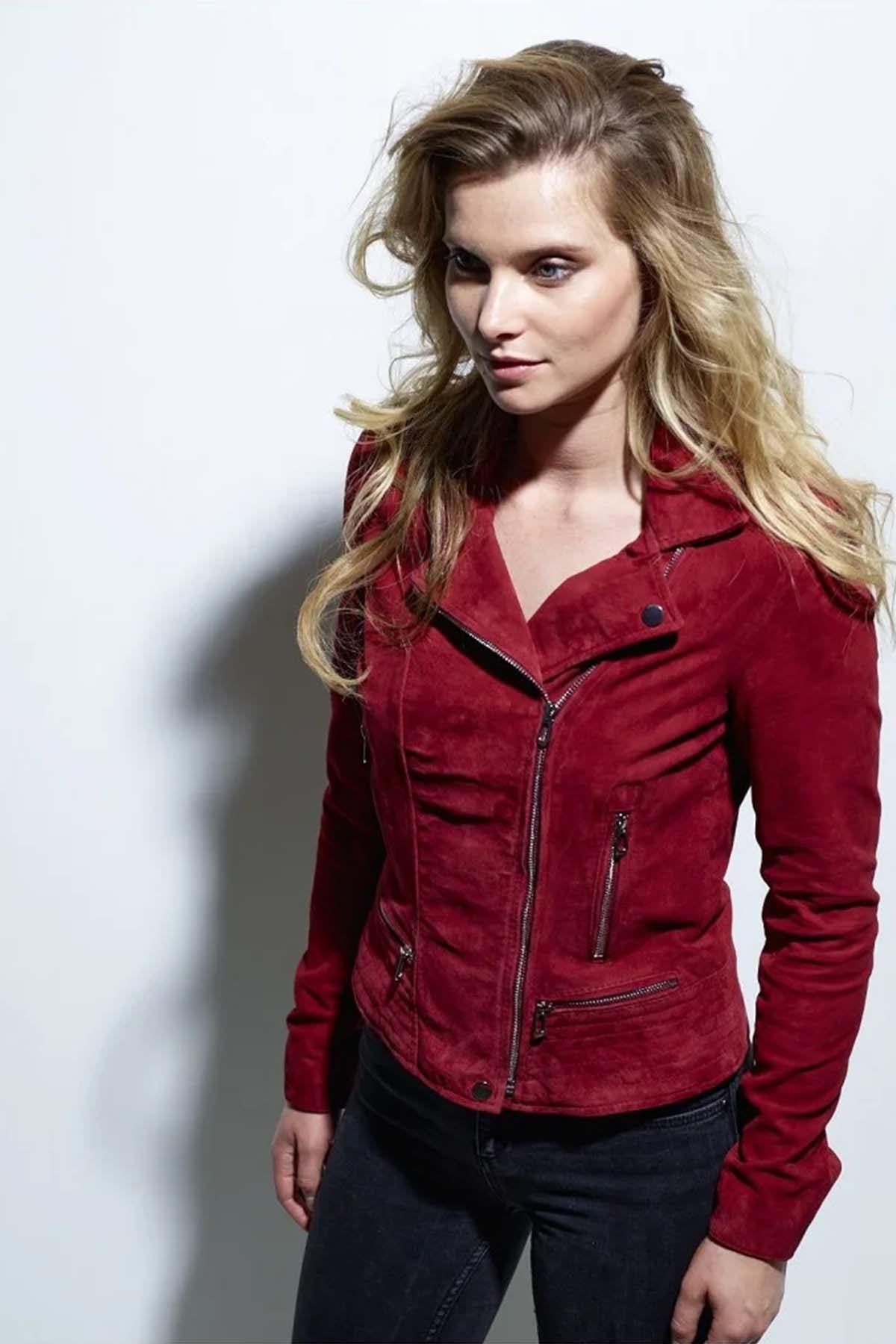 Red suede leather Biker Jacket jacket - Image n°3