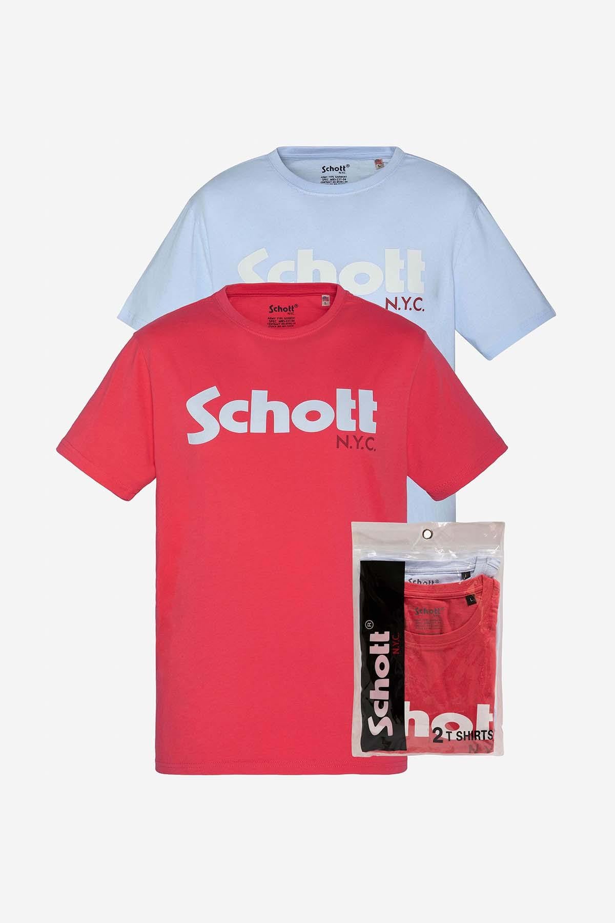 Pack of 2 Schott sky blue and coral t-shirts - Image n°1