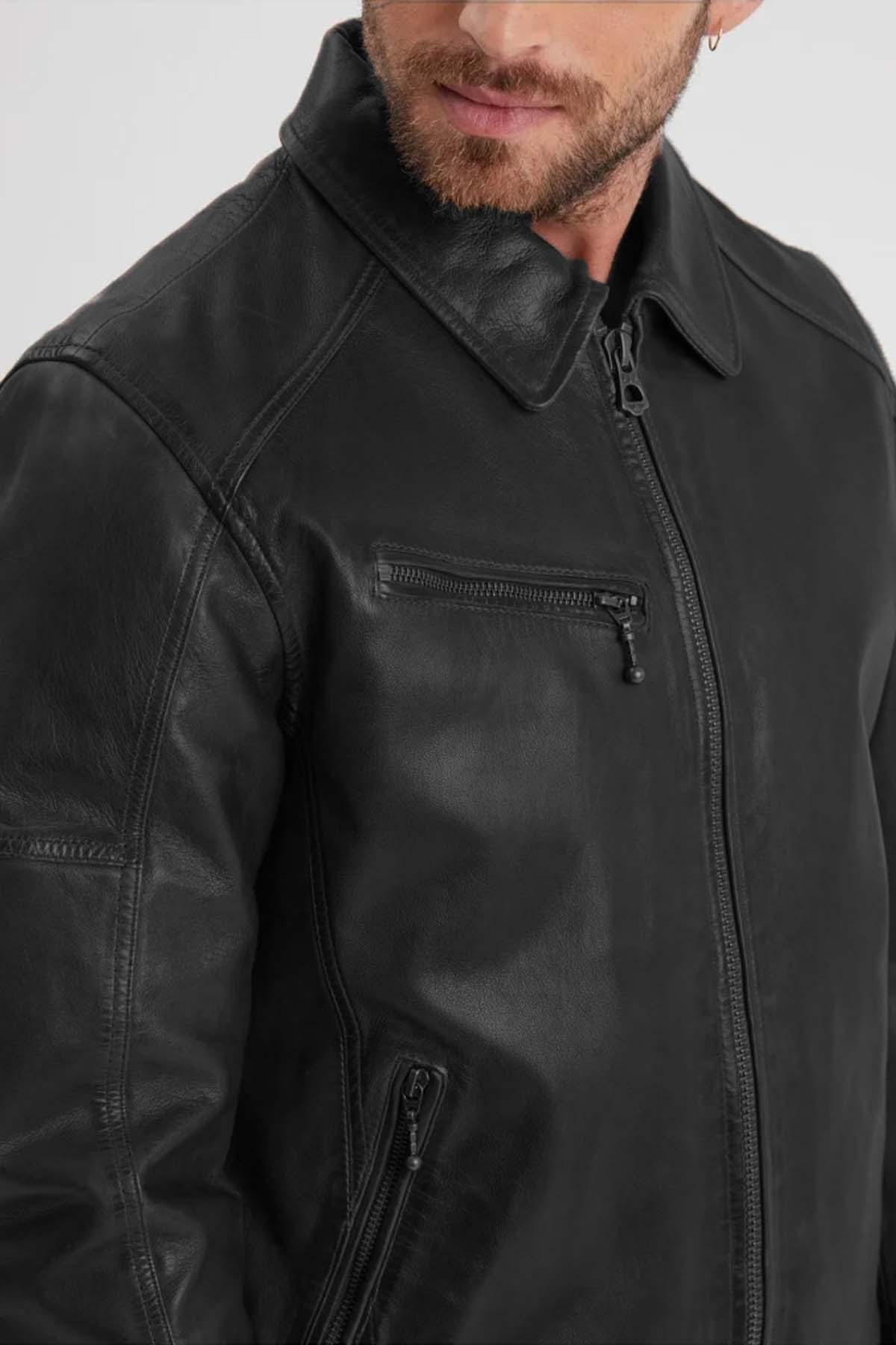 Thick black leather shirt collar jacket - Image n°2