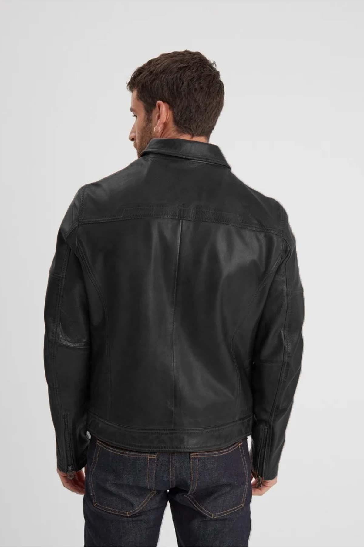 Thick black leather shirt collar jacket - Image n°4