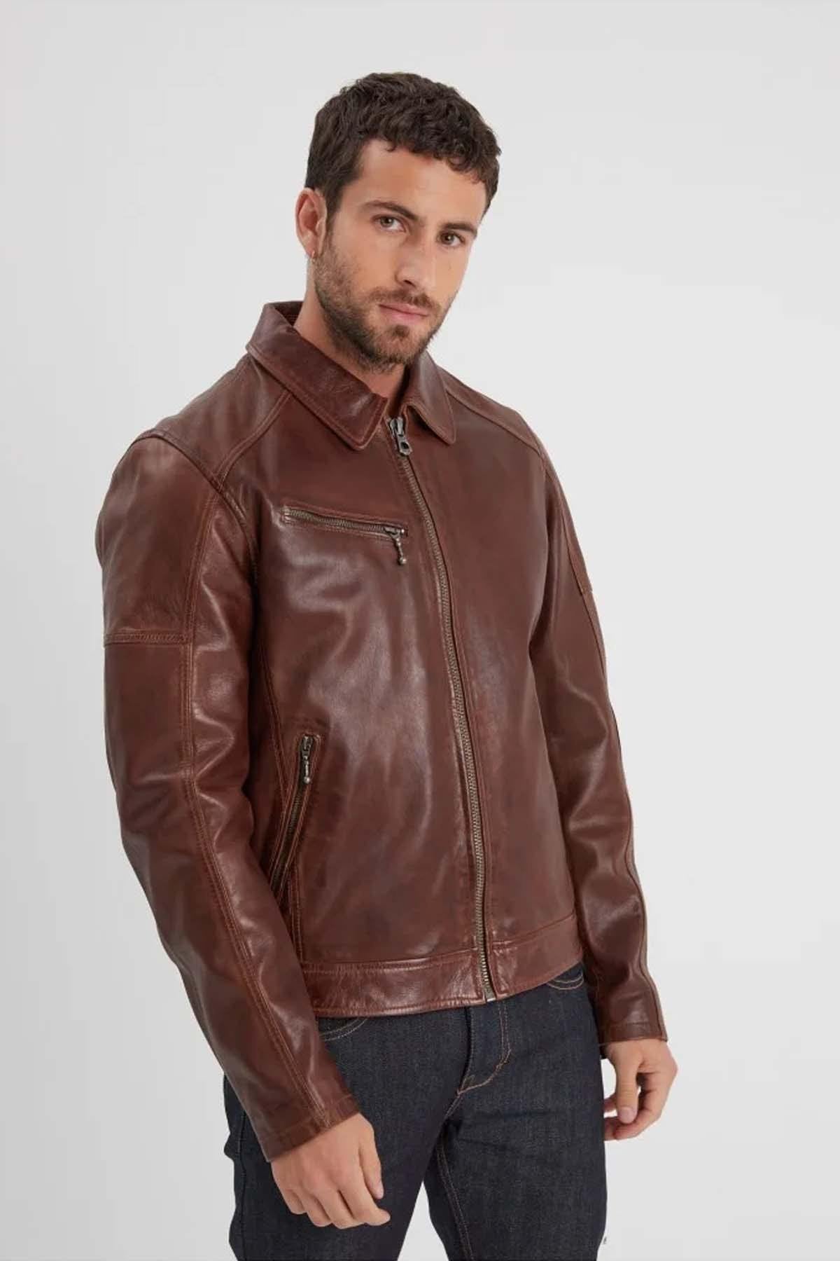 Thick retro-style leather jacket - Image n°3