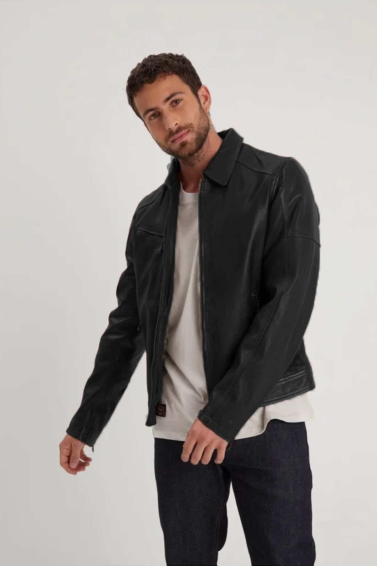 Thick black leather shirt collar jacket - Image n°3