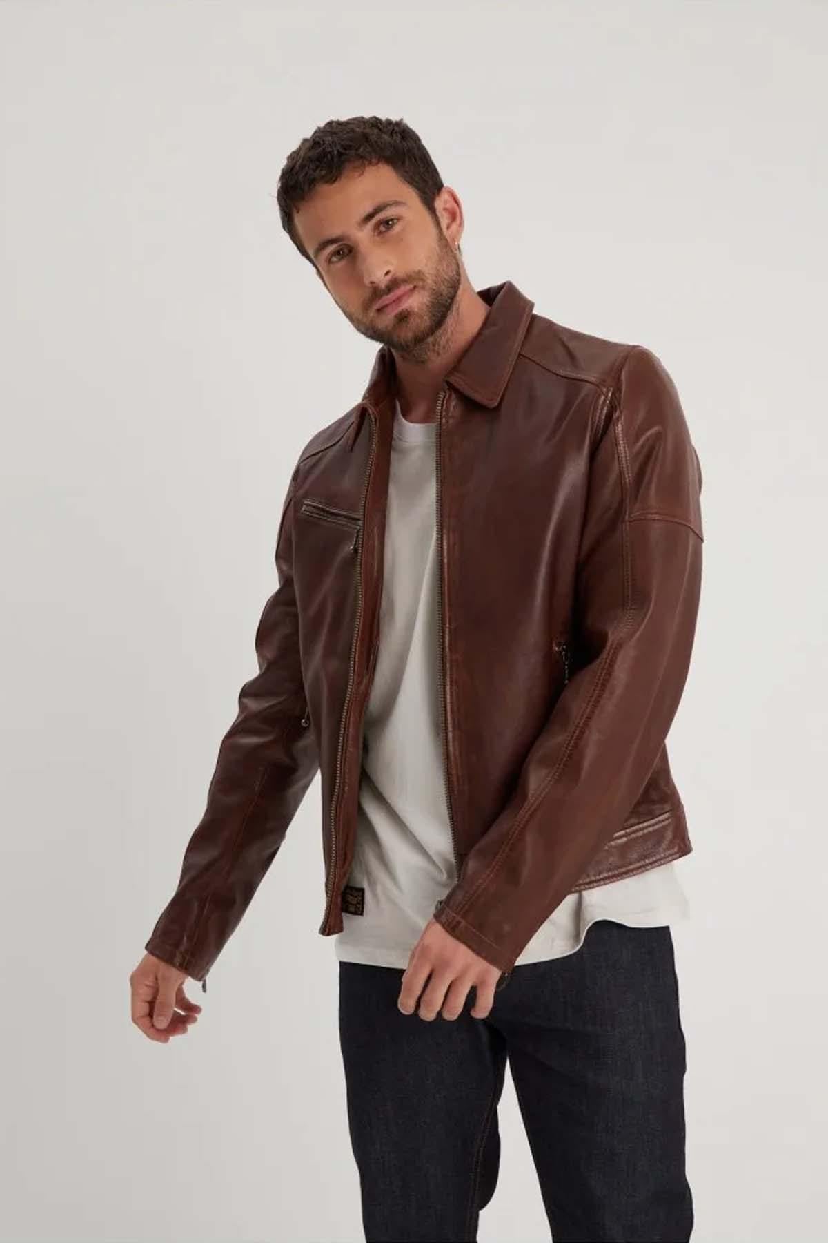 Thick retro-style leather jacket - Image n°1