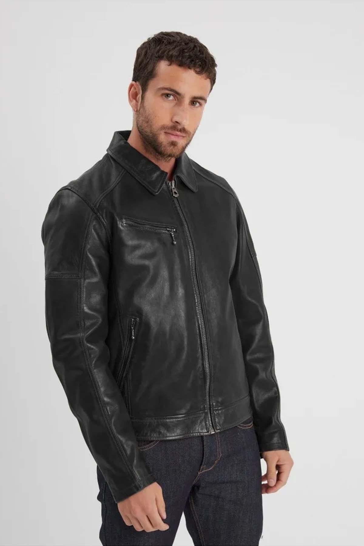 Thick black leather shirt collar jacket - Image n°1