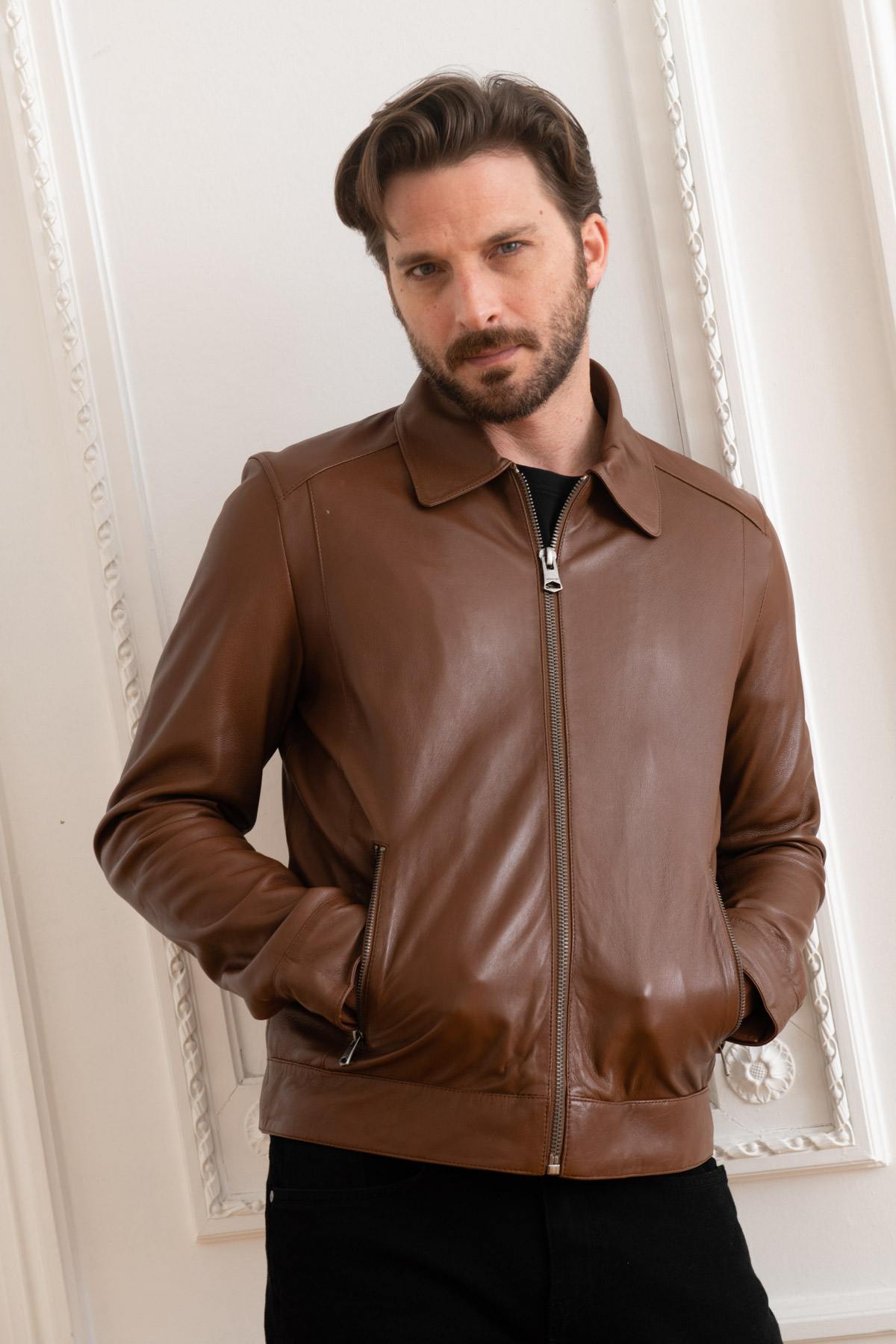 Sheepskin leather jacket with shirt collar Tan - Image n°3