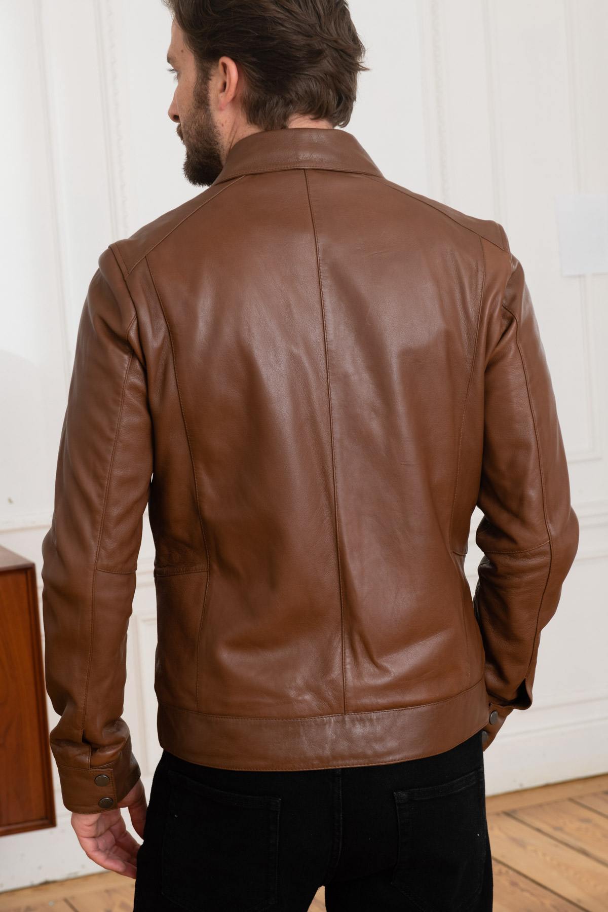 Sheepskin leather jacket with shirt collar Tan - Image n°5