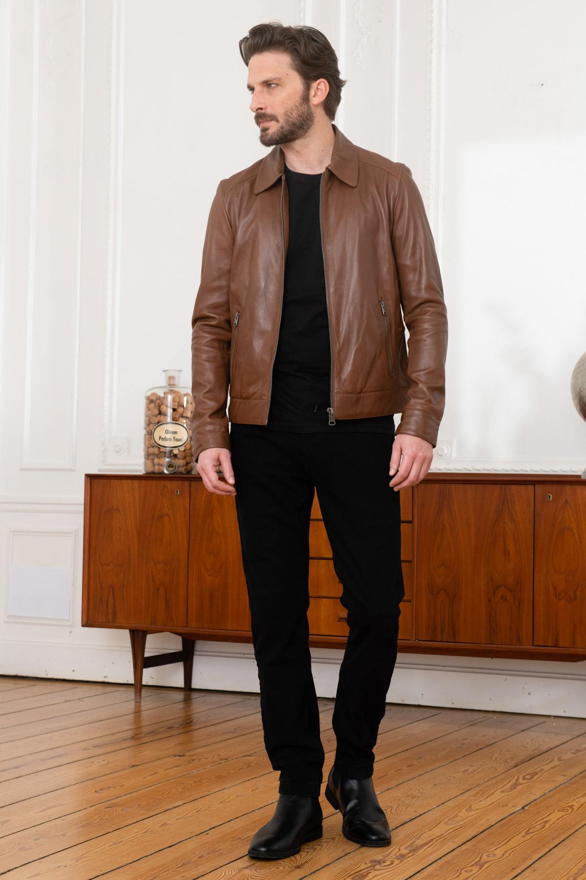 Sheepskin leather jacket with shirt collar Tan - Image n°2