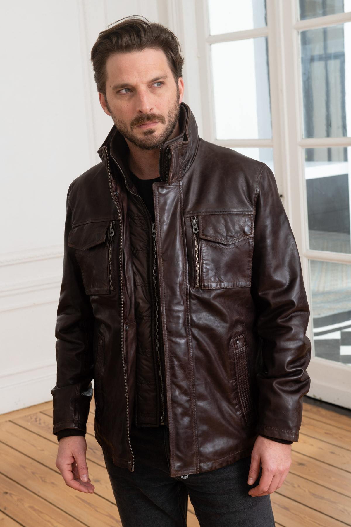 Brown leather jacket with stand-up collar - Image n°4