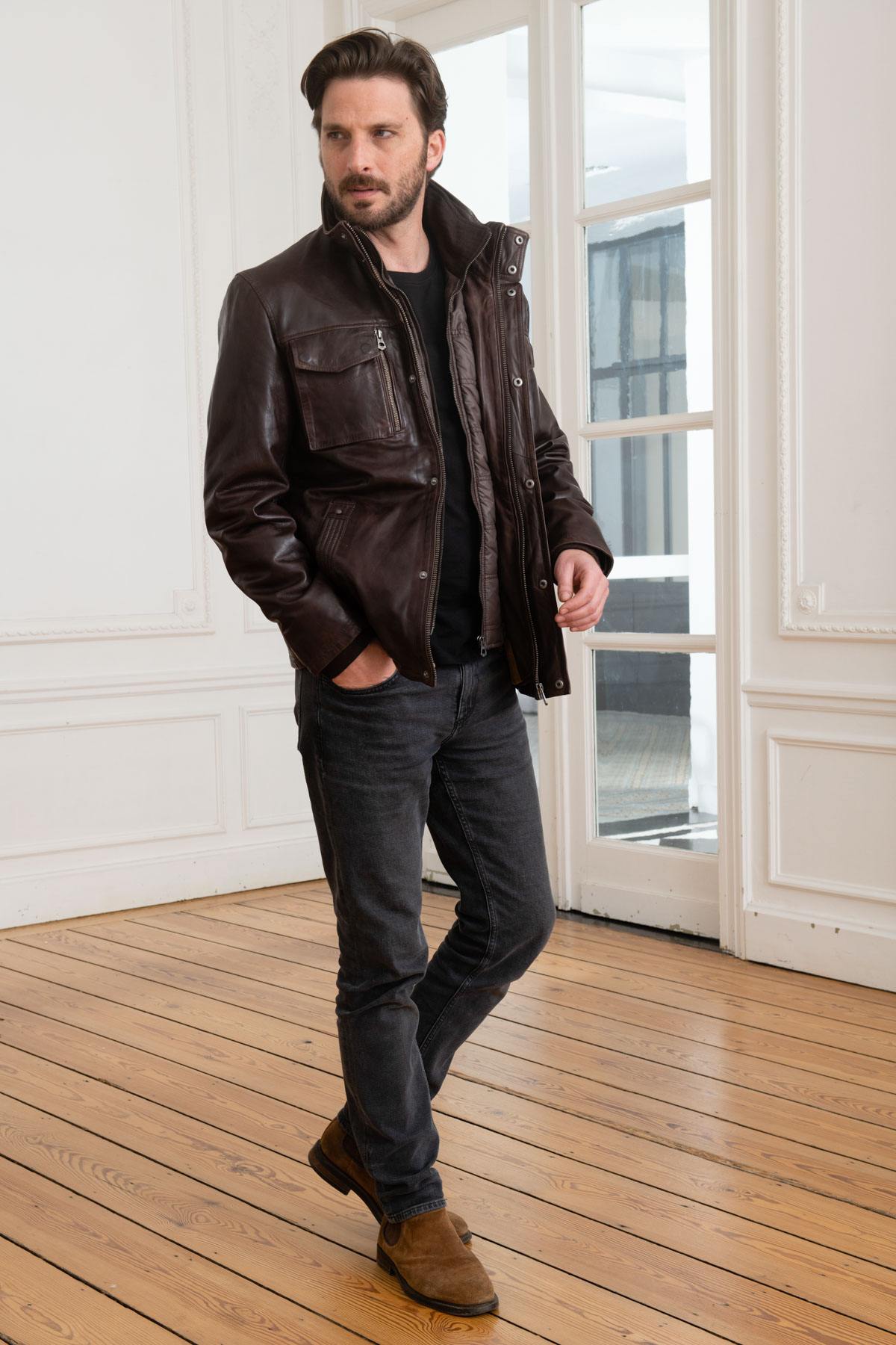 Brown leather jacket with stand-up collar - Image n°3