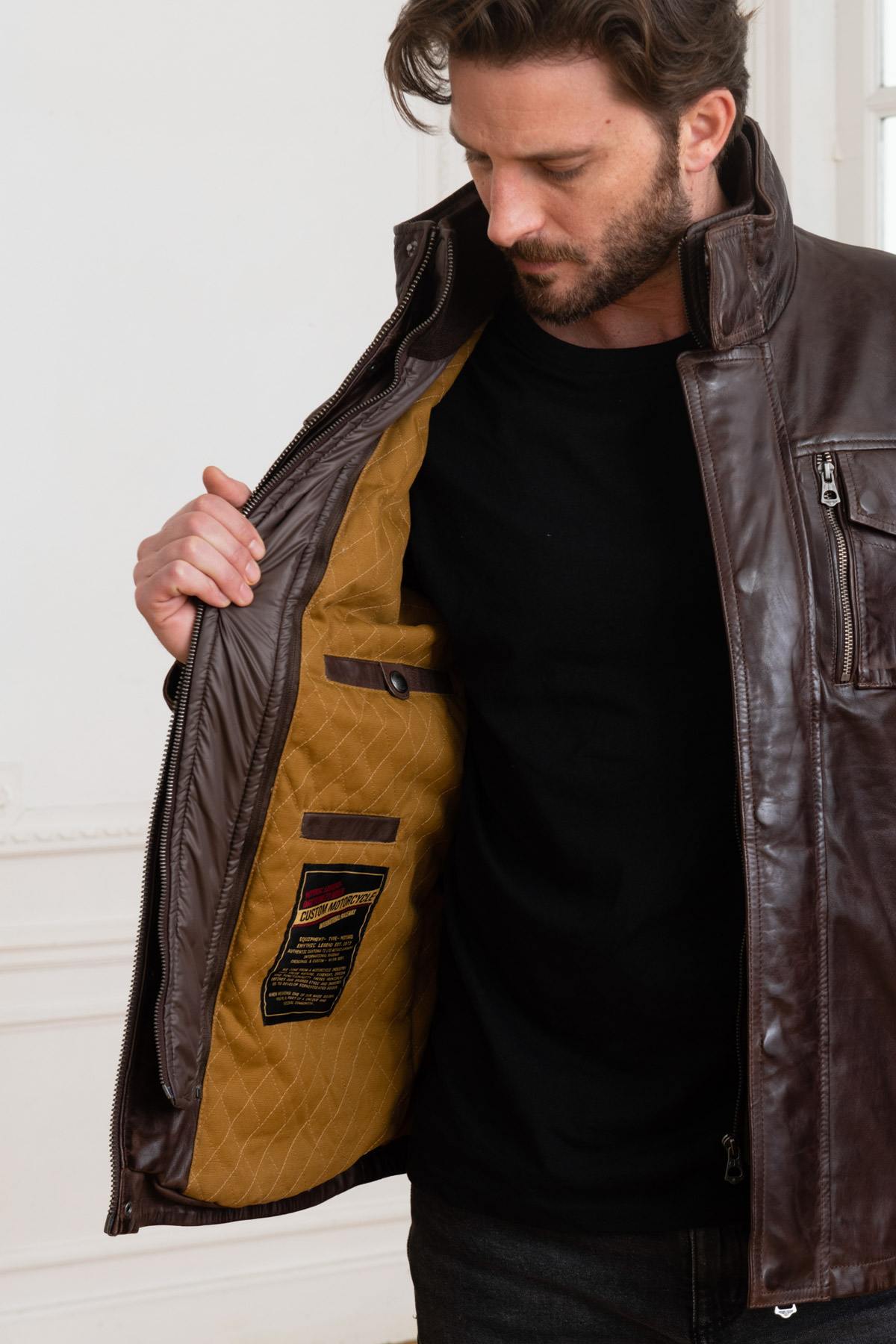 Brown leather jacket with stand-up collar - Image n°6