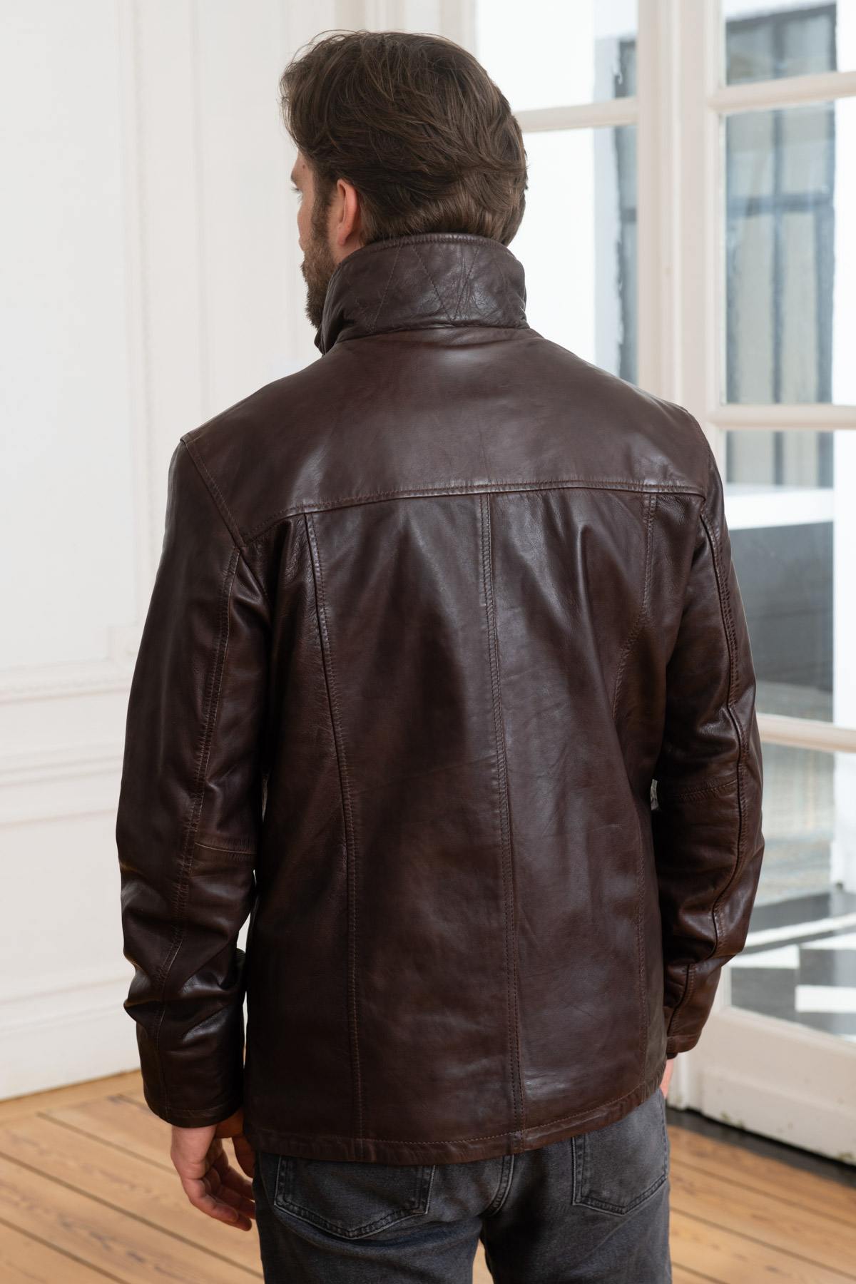 Brown leather jacket with stand-up collar - Image n°7