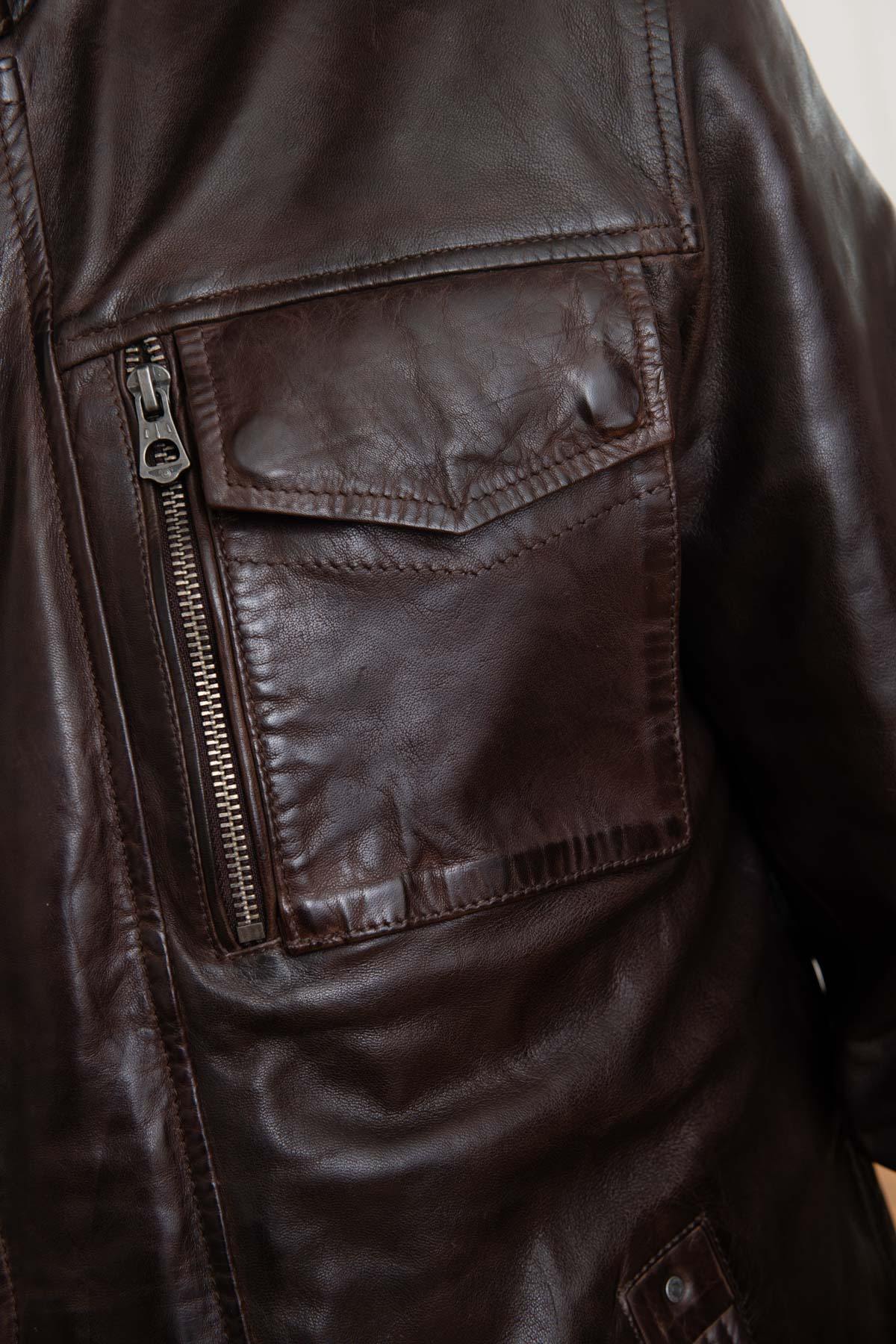 Brown leather jacket with stand-up collar - Image n°9