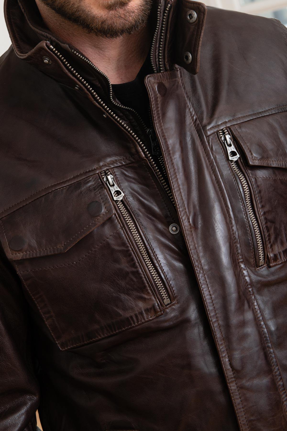 Brown leather jacket with stand-up collar - Image n°10