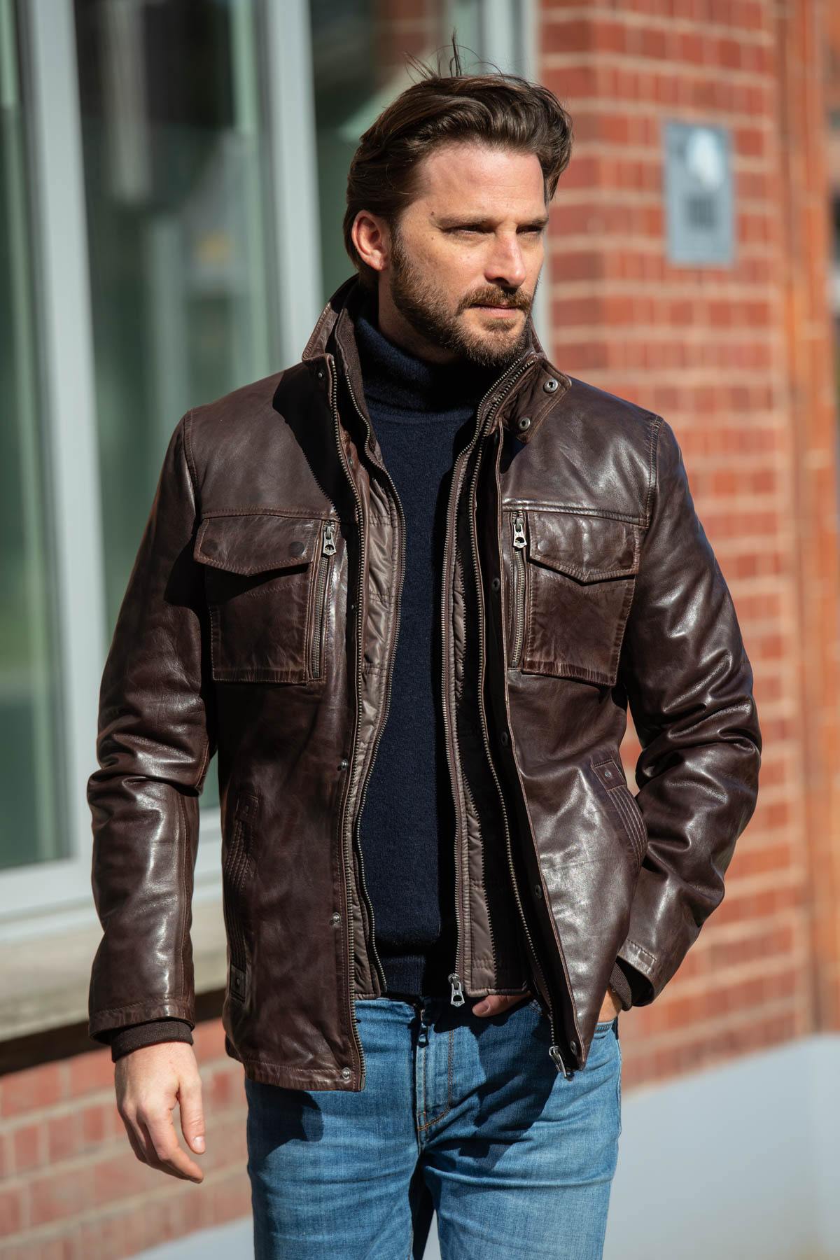 Brown leather jacket with stand-up collar - Image n°1