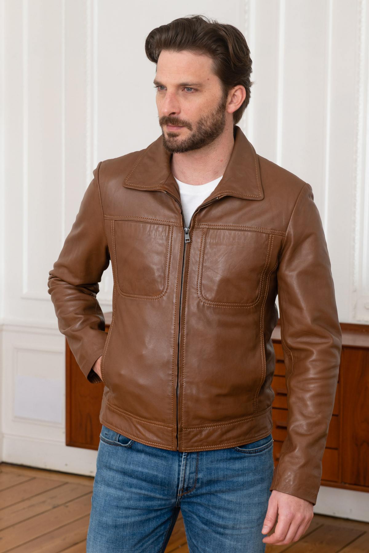  Cognac shirt collar jacket in soft leather - Image n°1