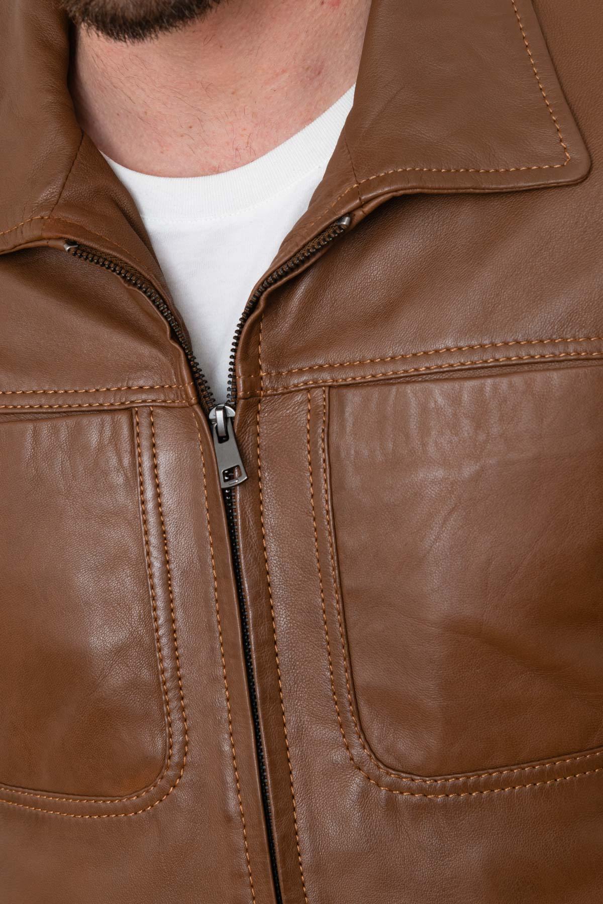  Cognac shirt collar jacket in soft leather - Image n°6