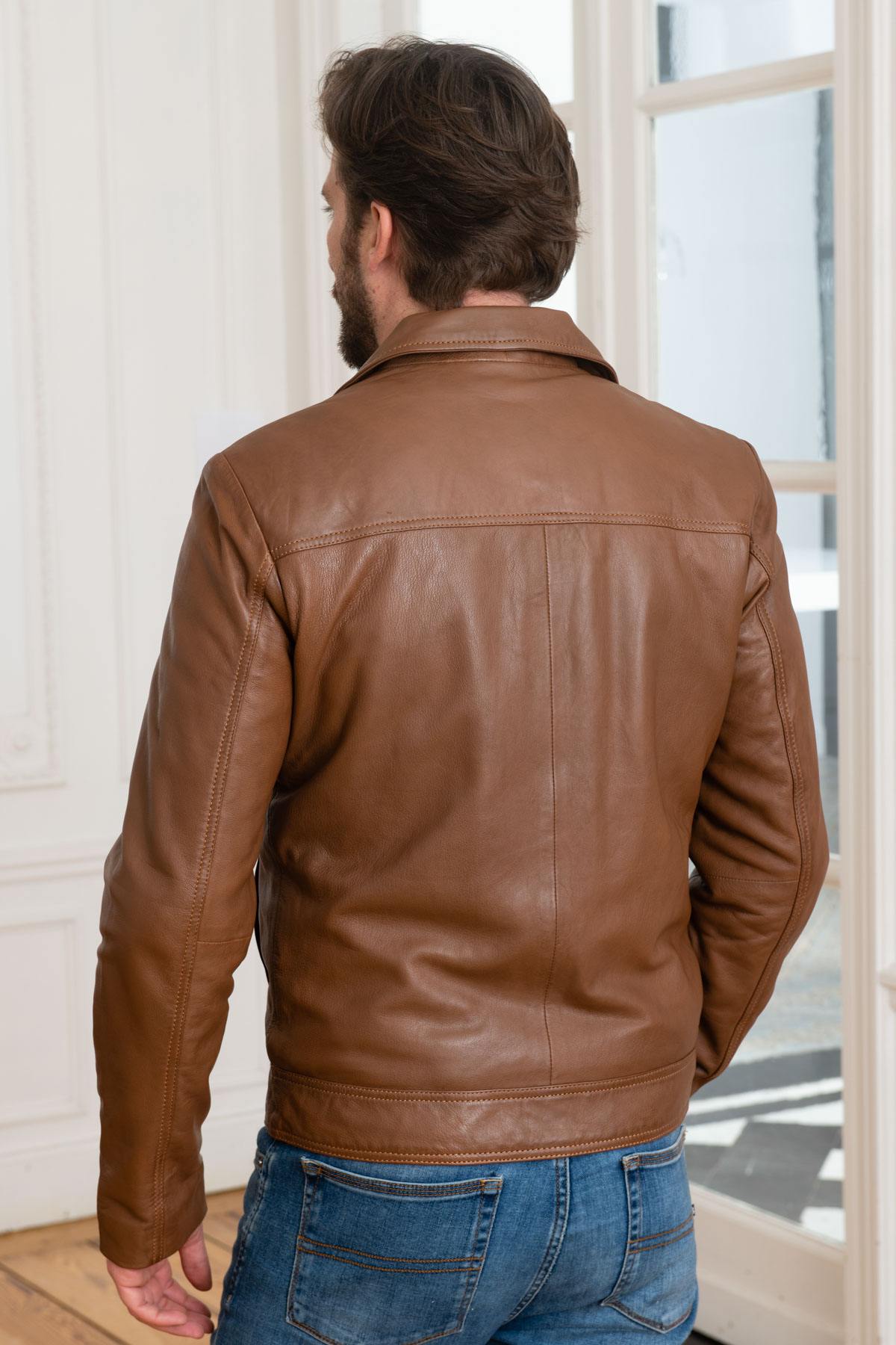  Cognac shirt collar jacket in soft leather - Image n°5