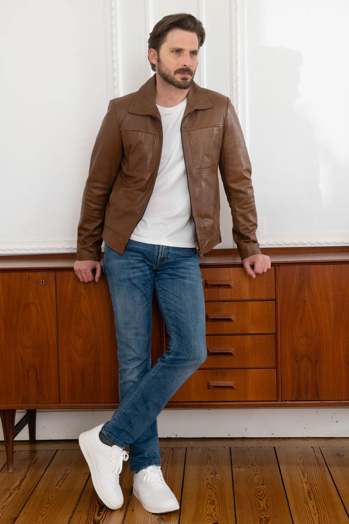  Cognac shirt collar jacket in soft leather - Image n°2