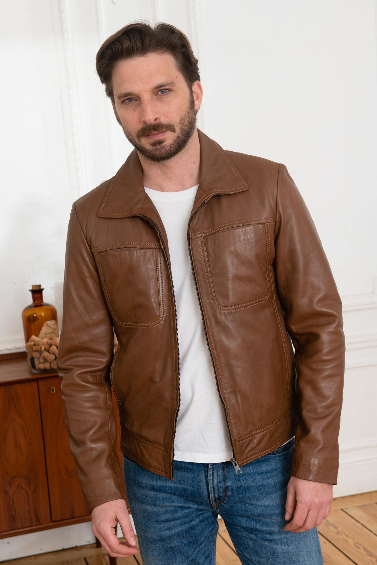  Cognac shirt collar jacket in soft leather - Image n°3