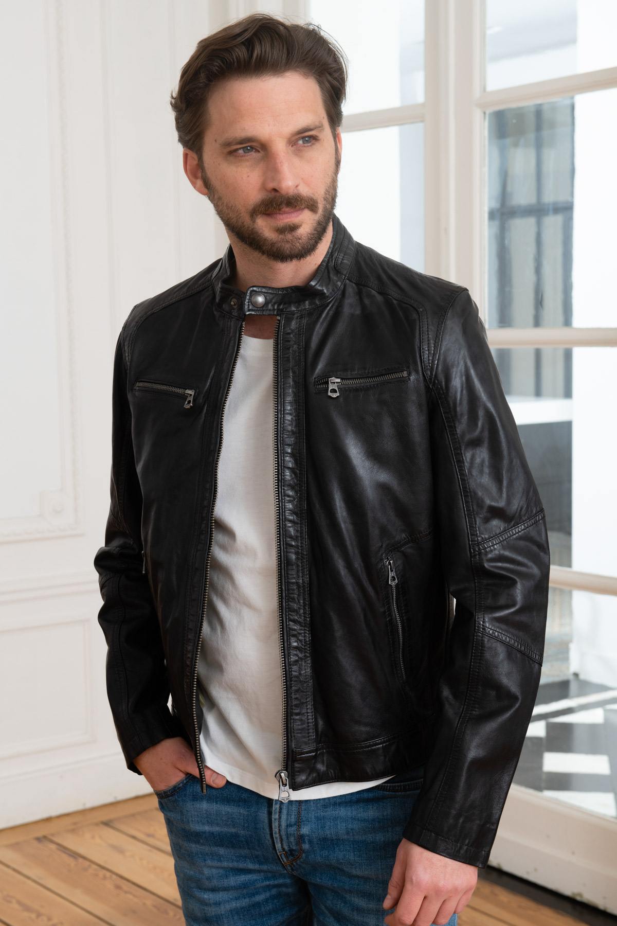 Black sheepskin leather jacket - Image n°3