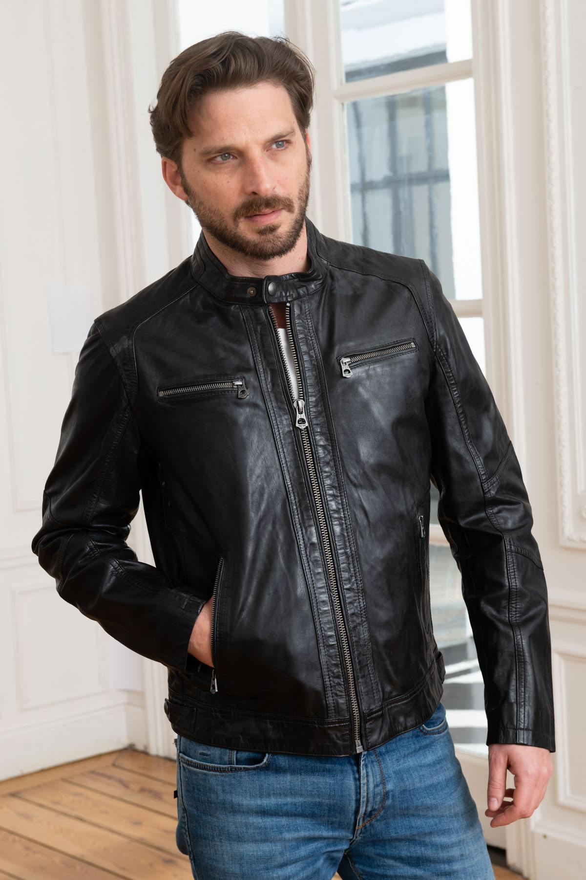 Black sheepskin leather jacket - Image n°4