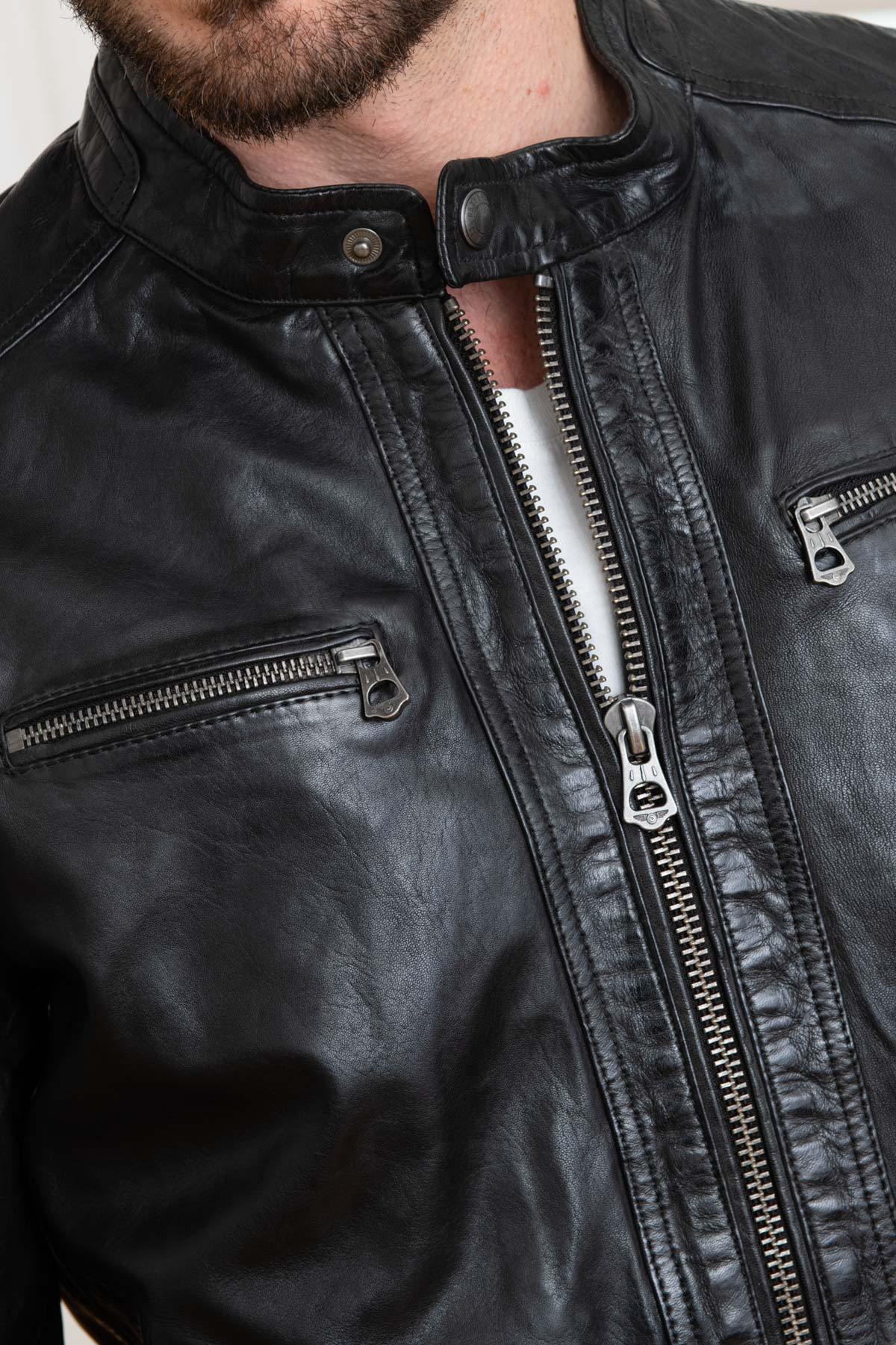 Black sheepskin leather jacket - Image n°7