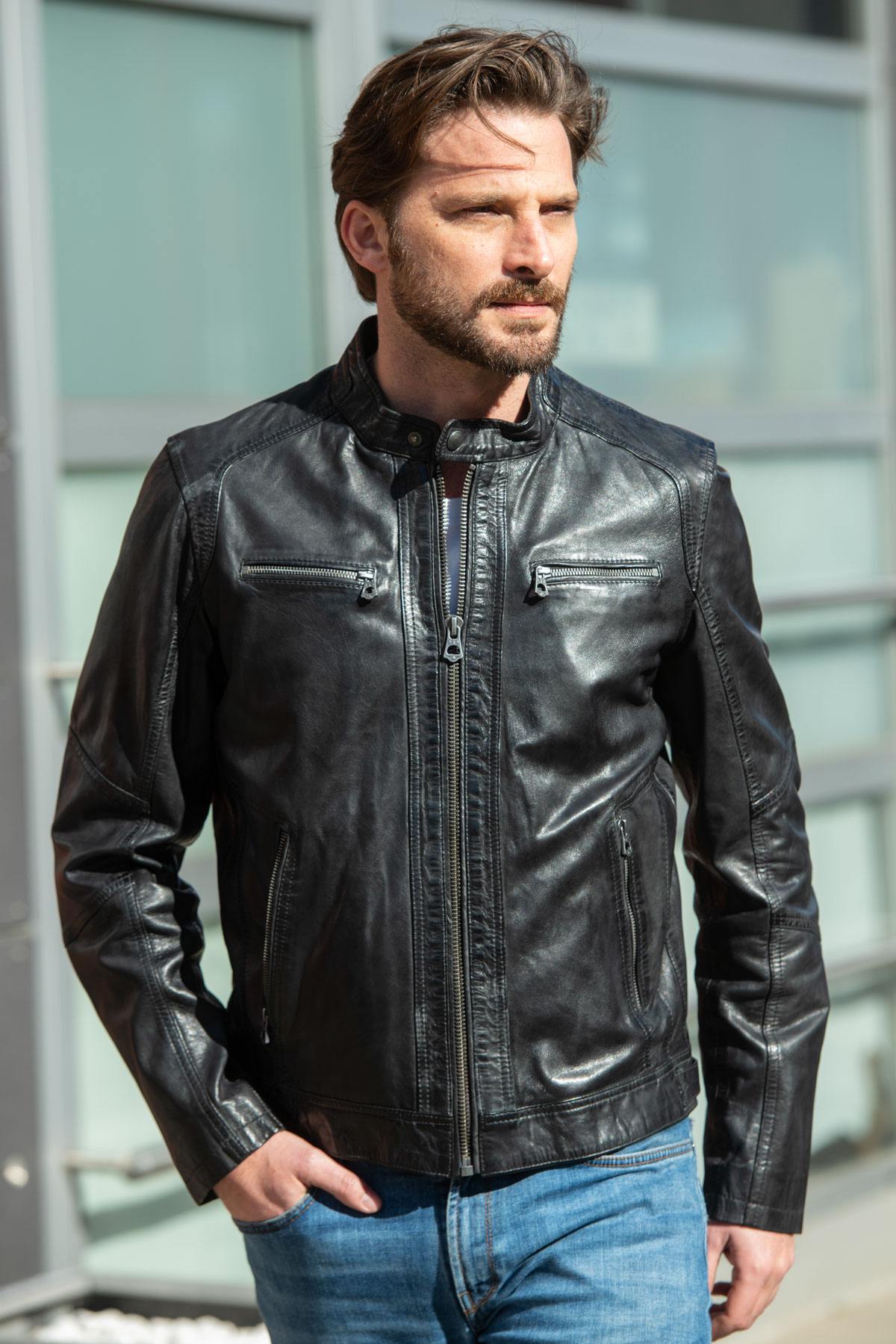 Black sheepskin leather jacket - Image n°1