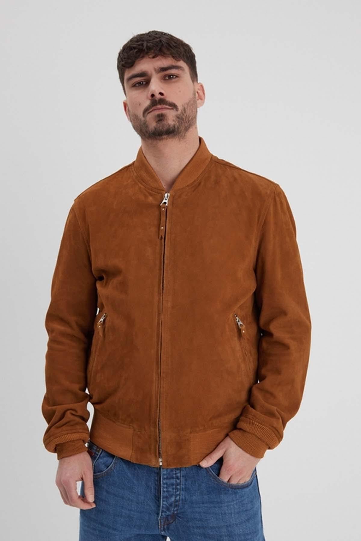 Teddy-style jacket in cognac suede leather - Image n°1