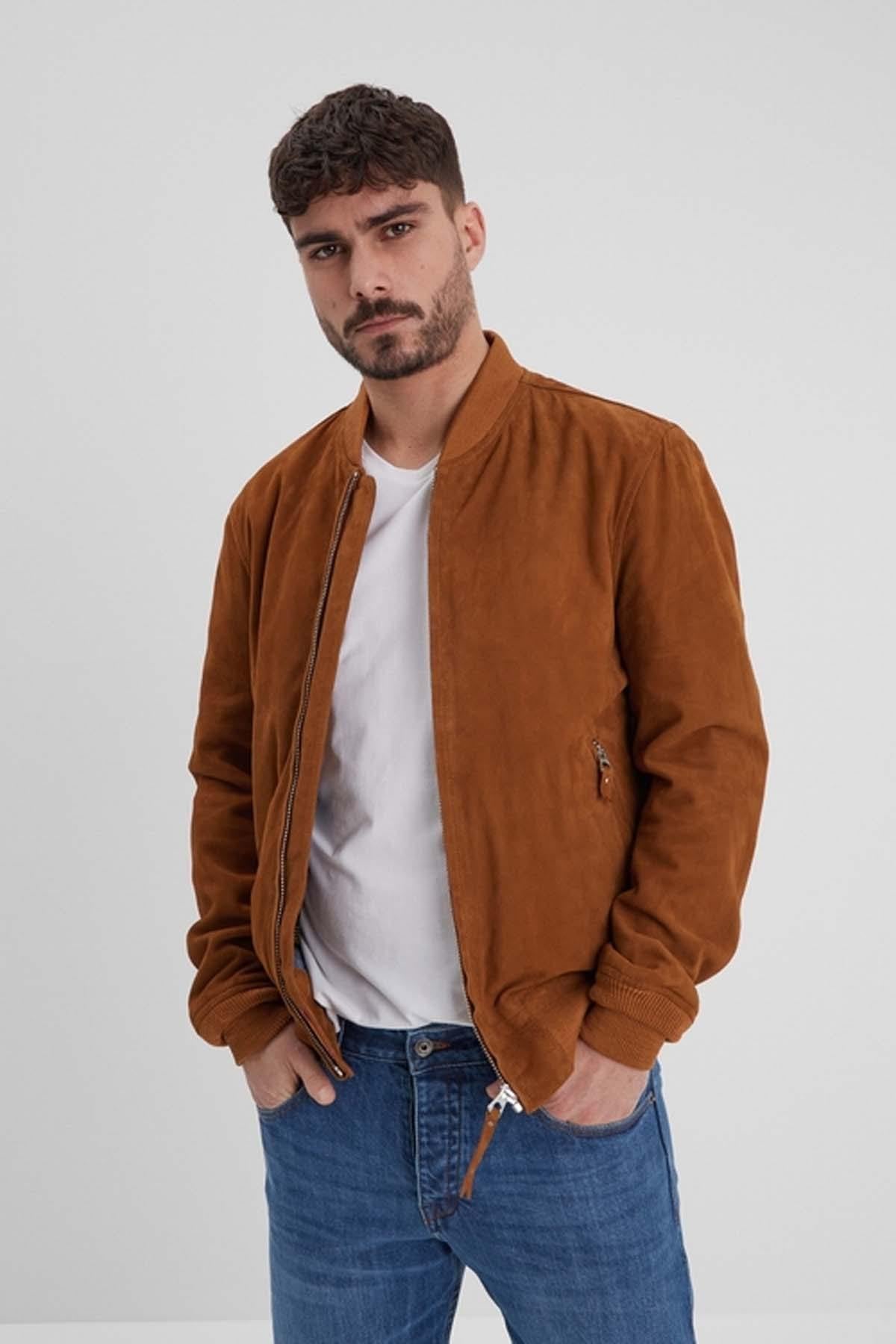 Teddy-style jacket in cognac suede leather - Image n°2