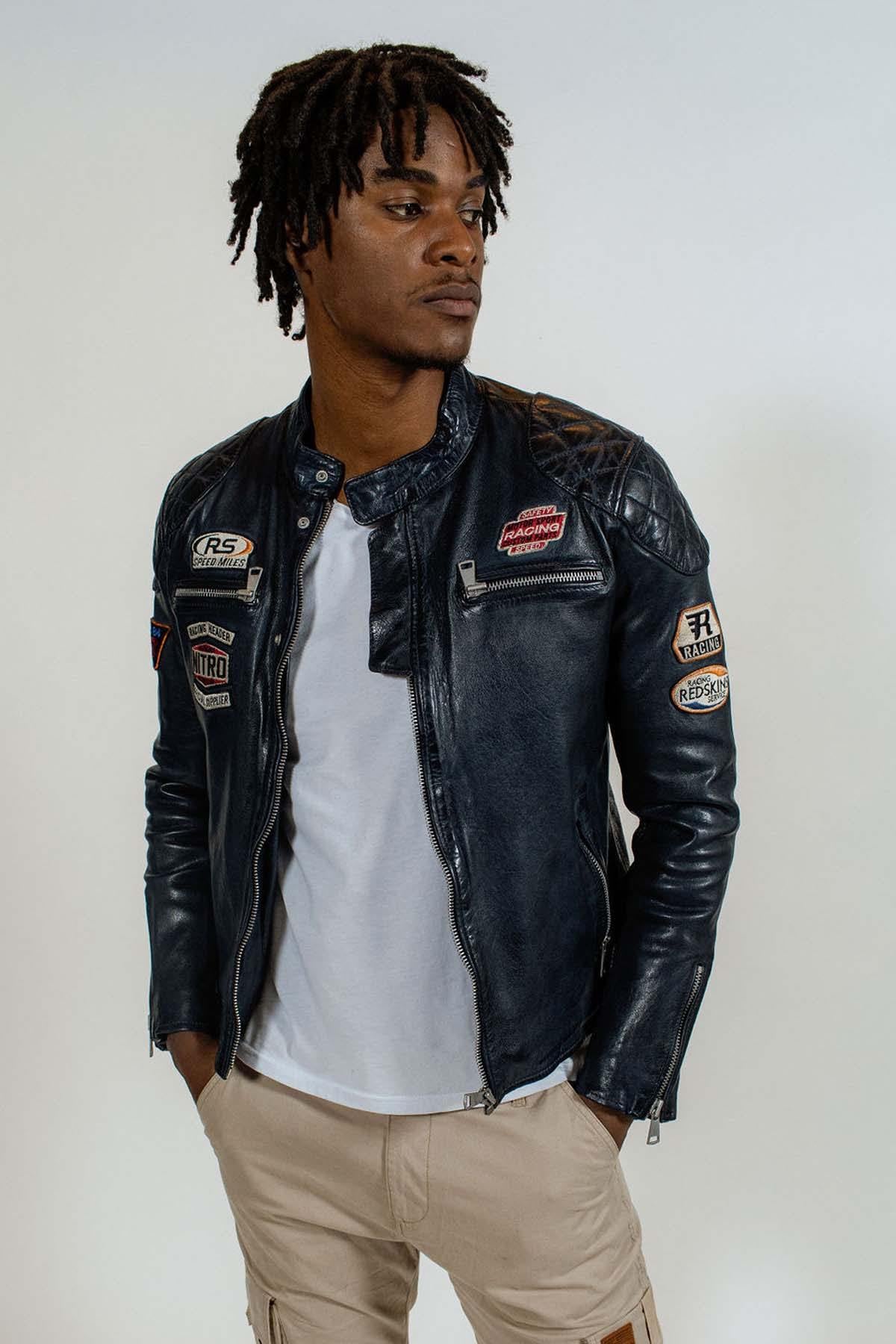 Navy blue biker-style leather jacket - Image n°1