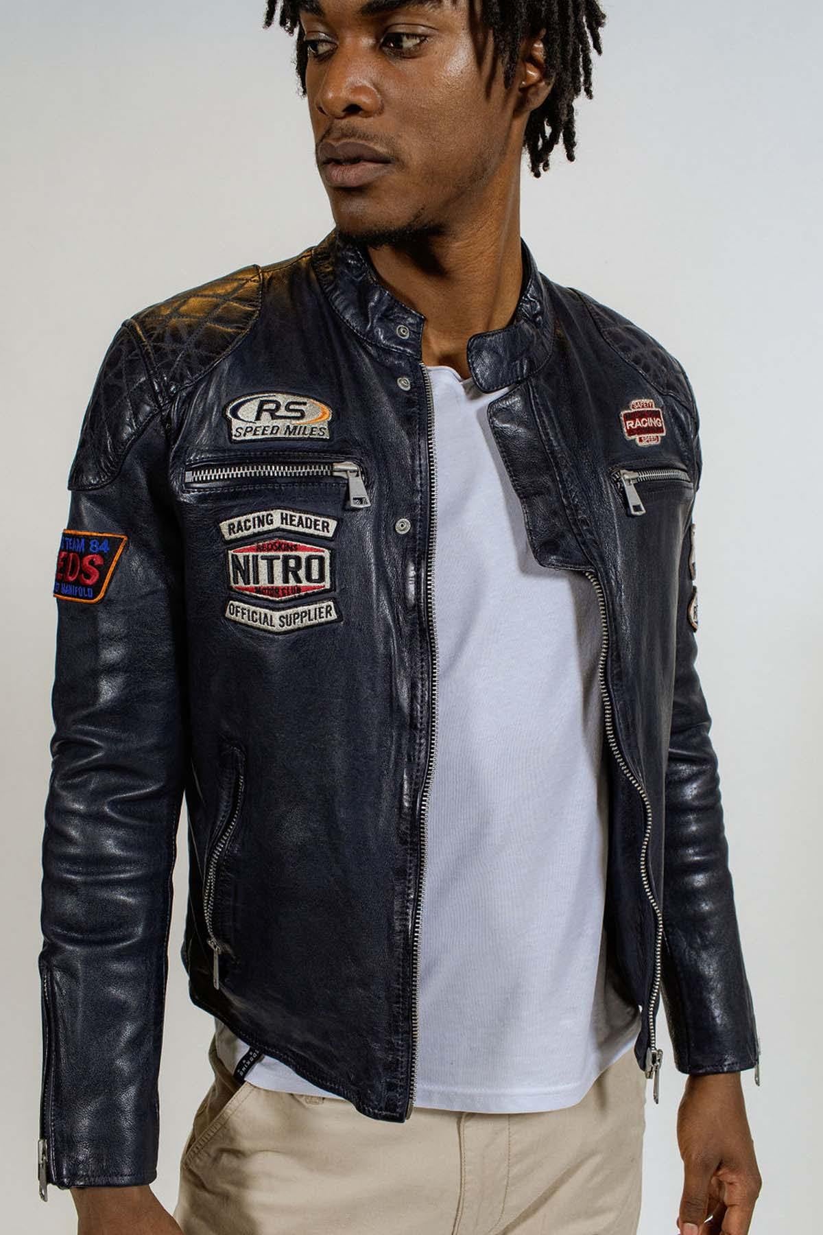 Navy blue biker-style leather jacket - Image n°2