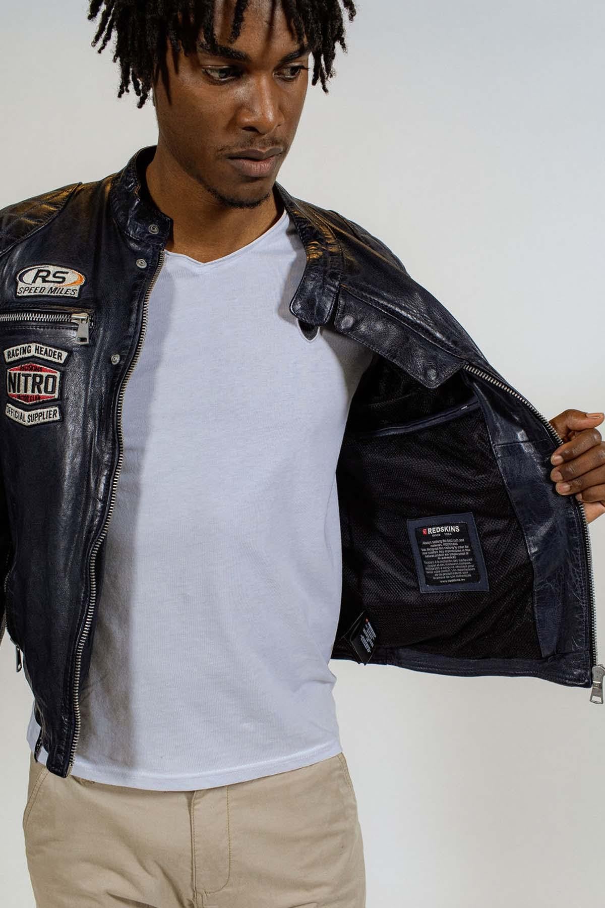 Navy blue biker-style leather jacket - Image n°3