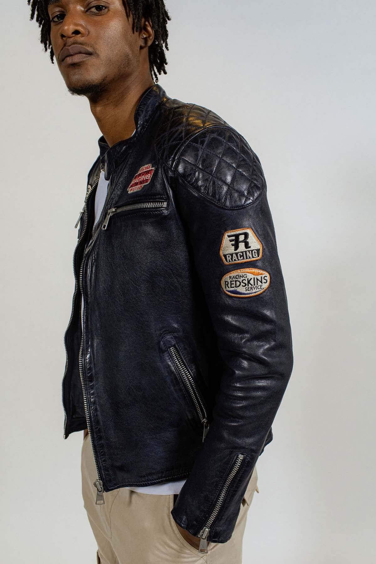 Navy blue biker-style leather jacket - Image n°5