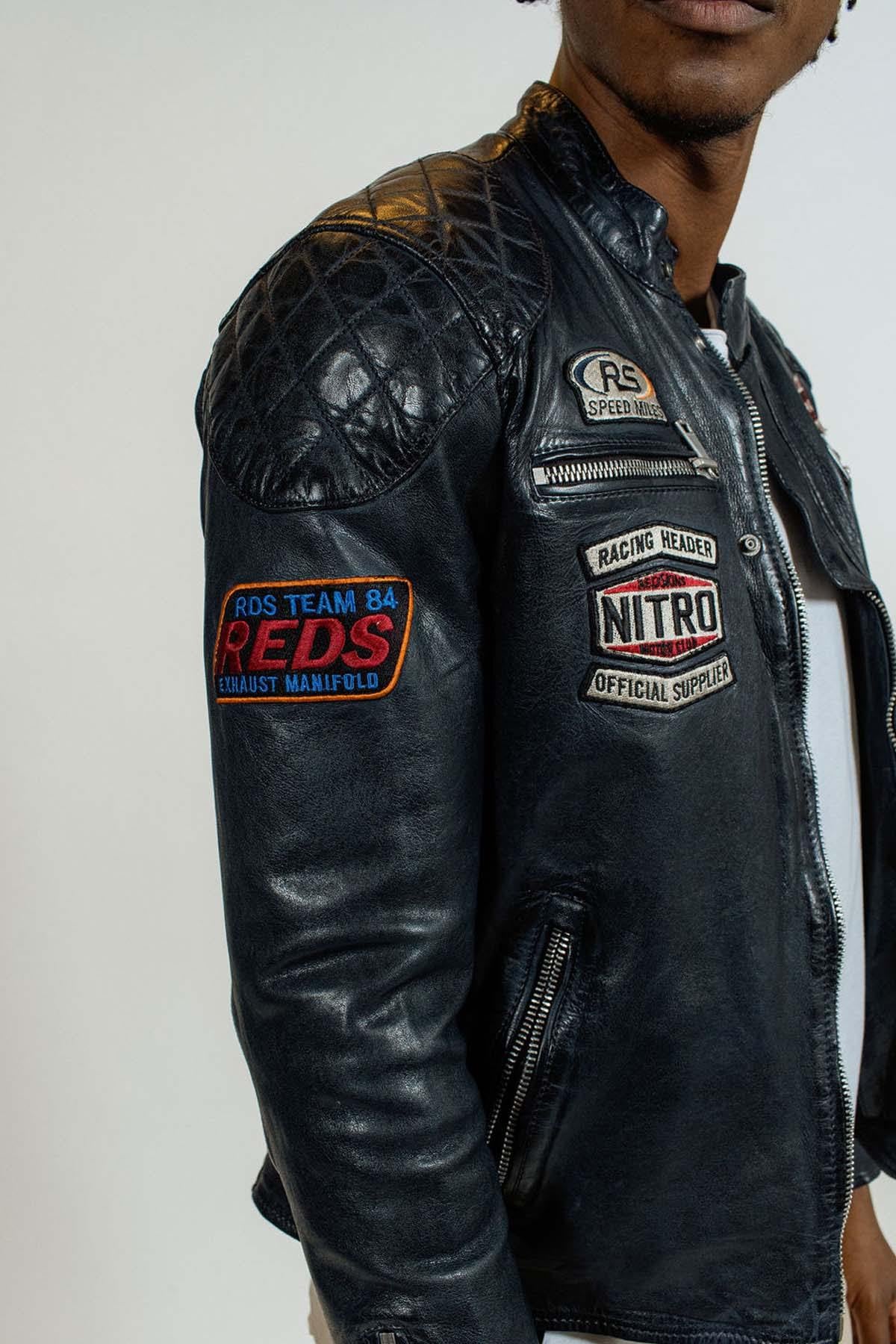 Navy blue biker-style leather jacket - Image n°7