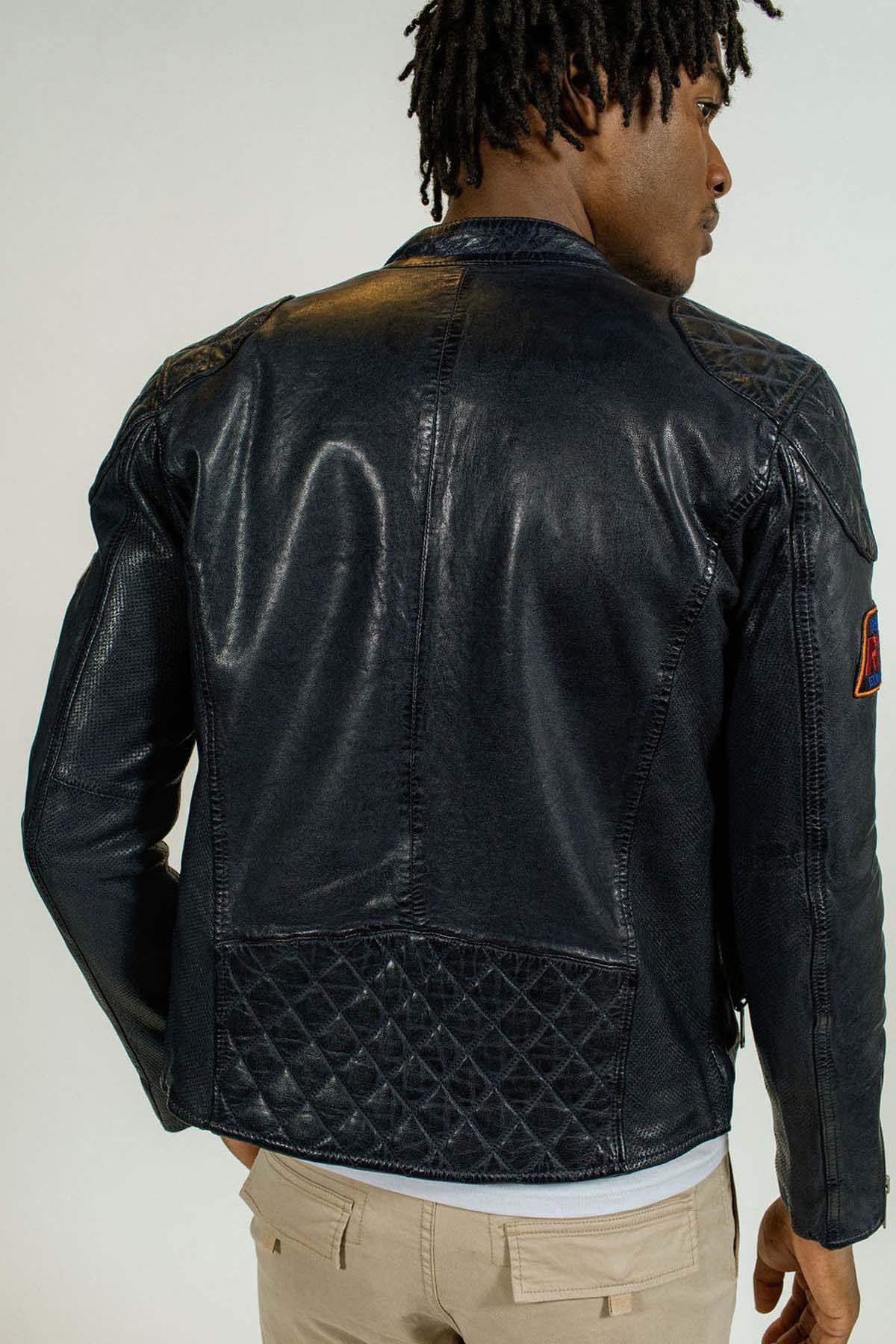 Navy blue biker-style leather jacket - Image n°4