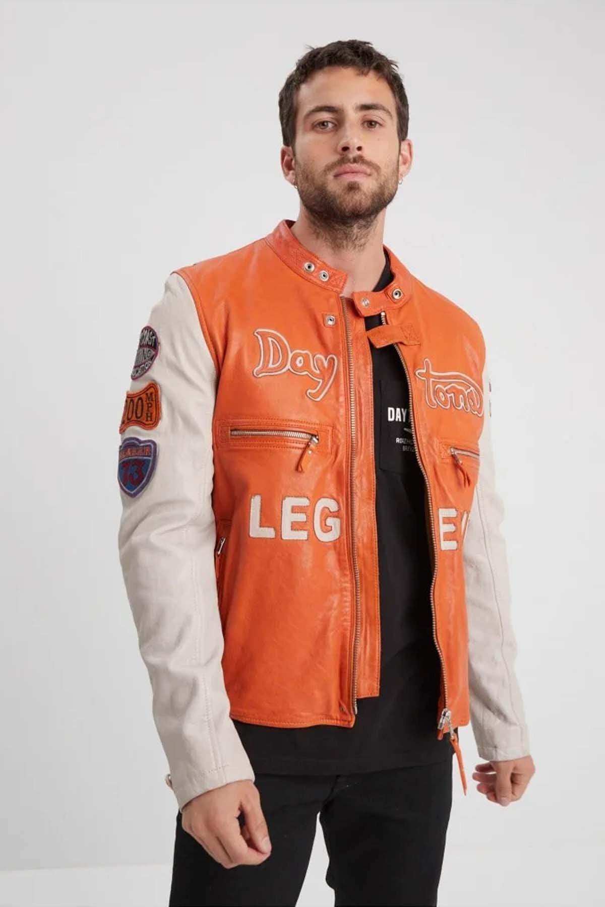 Vintage two-tone orange leather motorcycle jacket - Image n°1