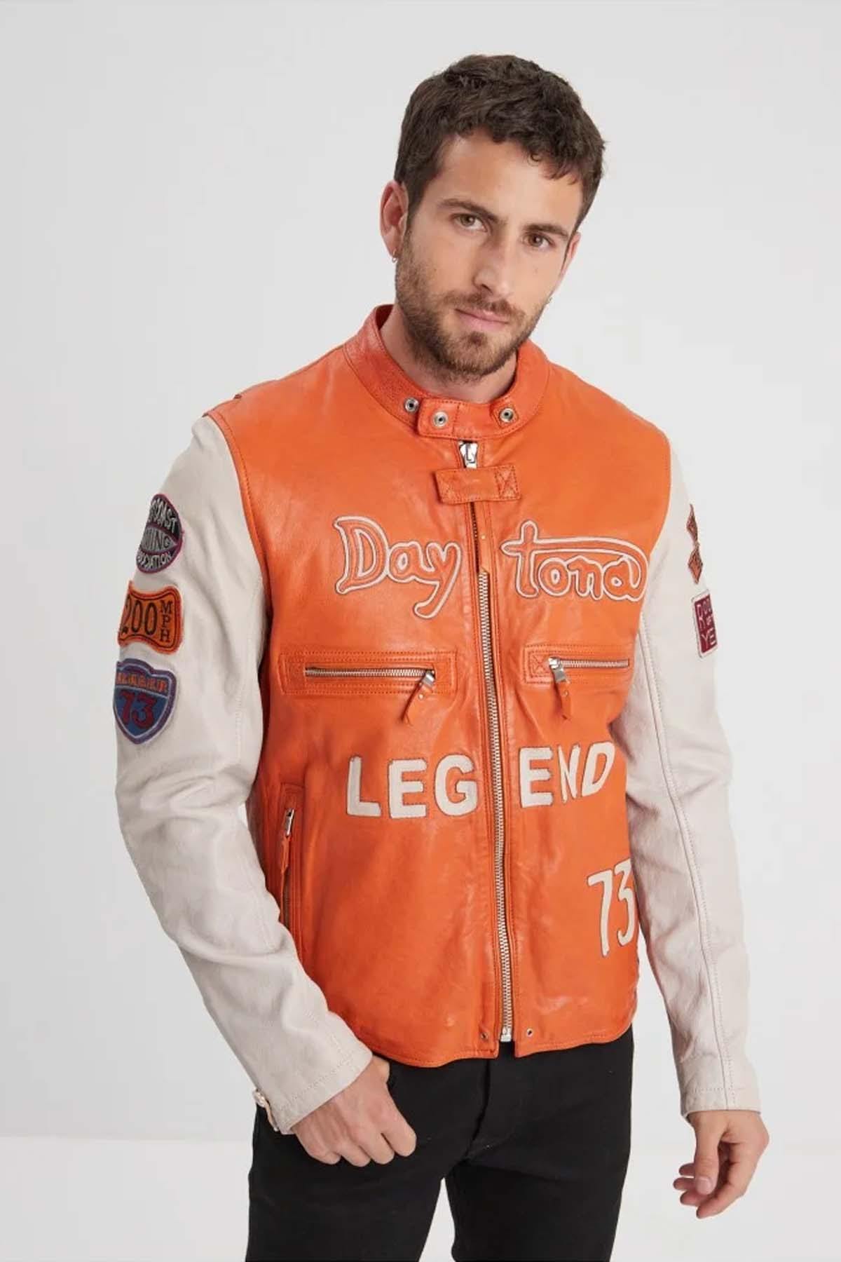 Vintage two-tone orange leather motorcycle jacket - Image n°2