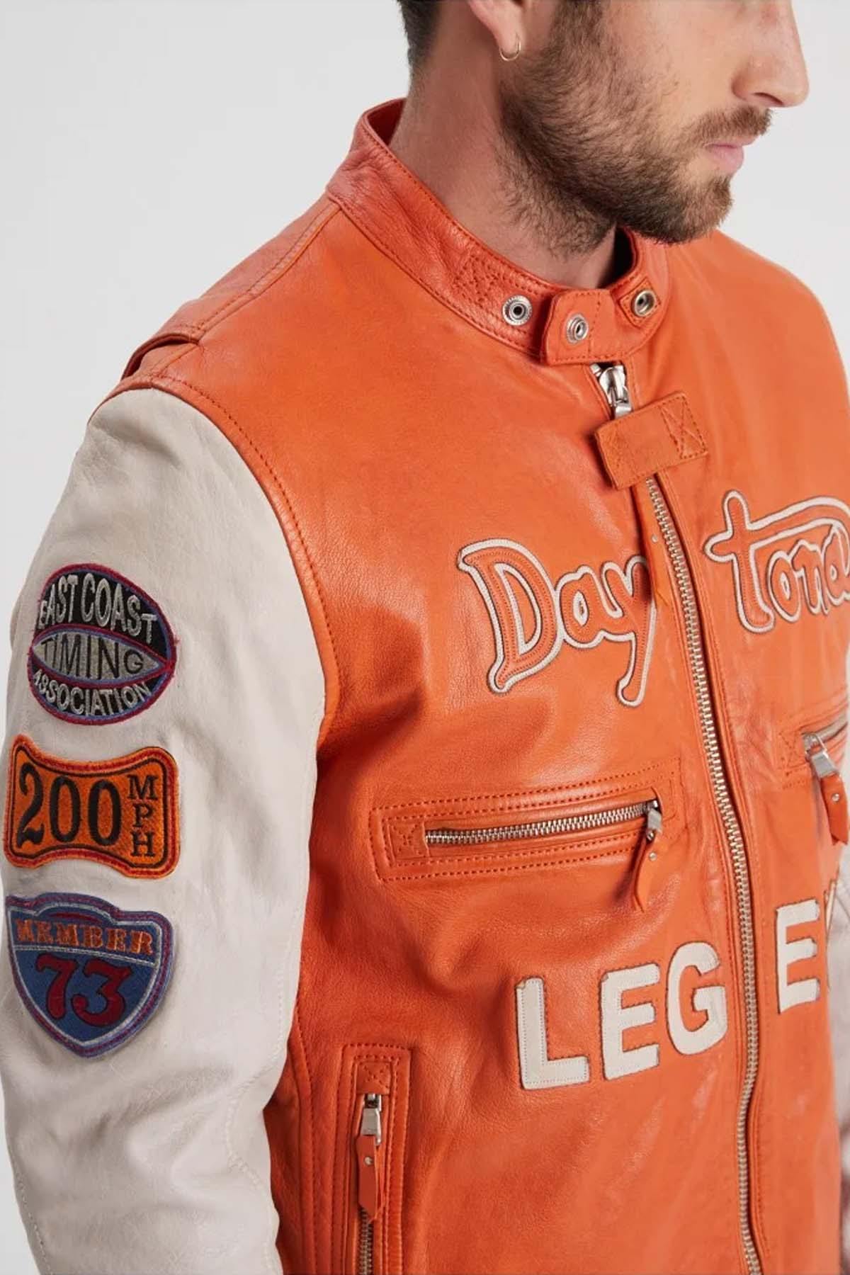 Vintage two-tone orange leather motorcycle jacket - Image n°3