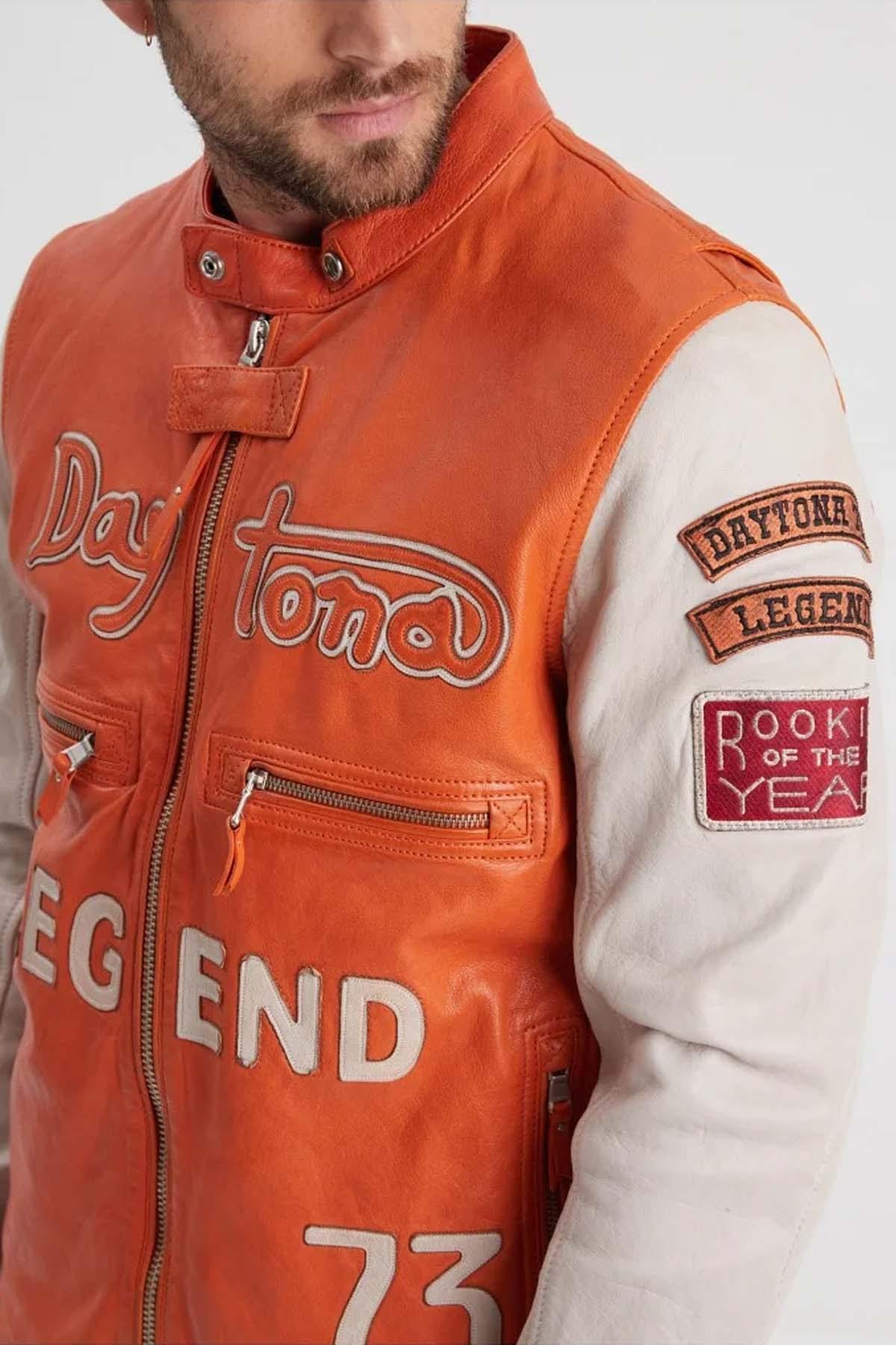 Vintage two-tone orange leather motorcycle jacket - Image n°4