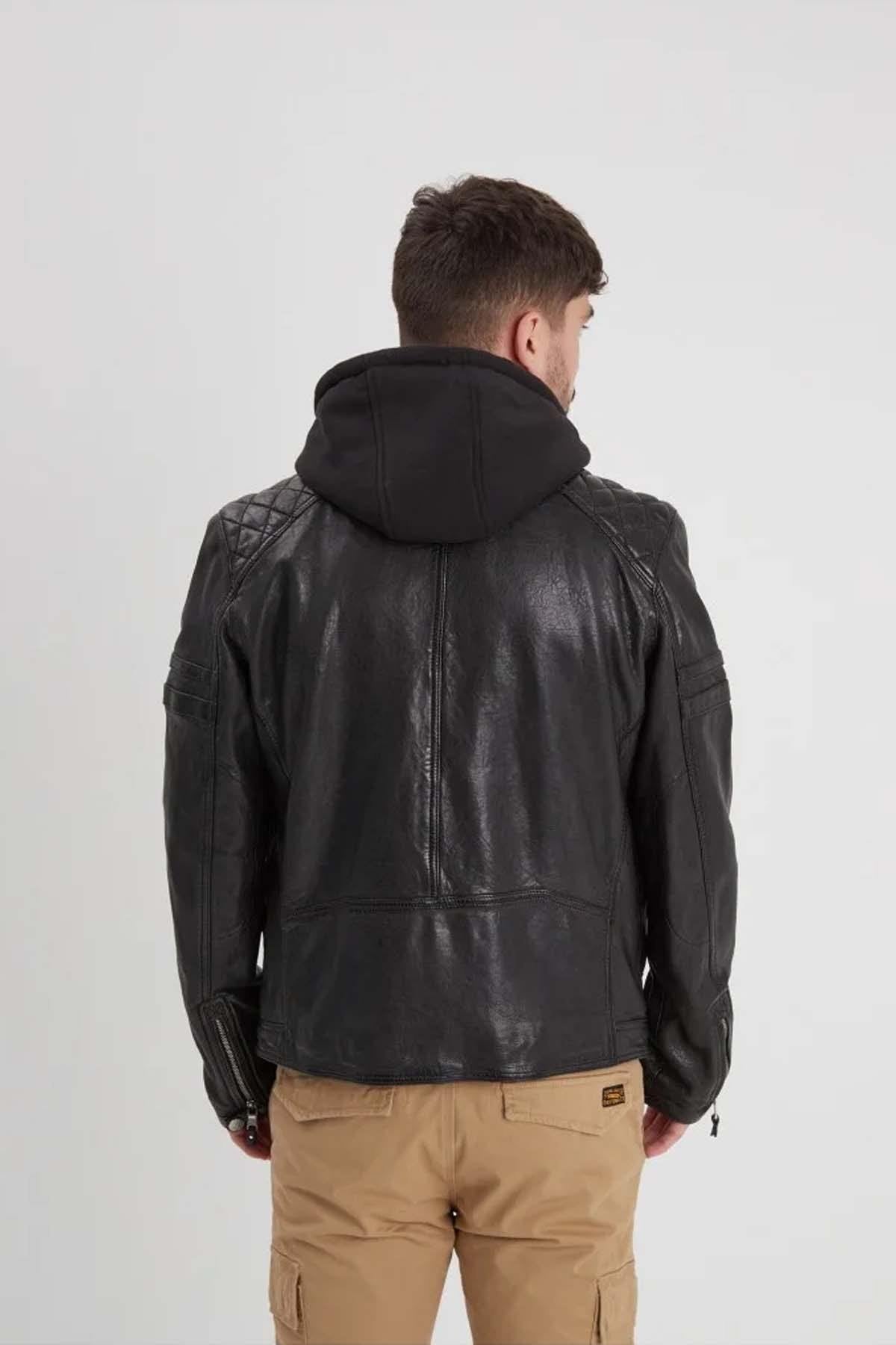 Black biker-style leather jacket with hood - Image n°6