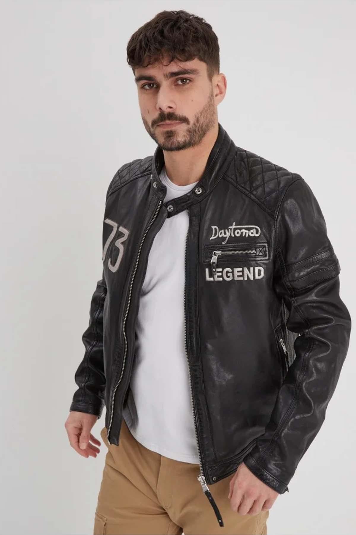 Black biker-style leather jacket with hood - Image n°7