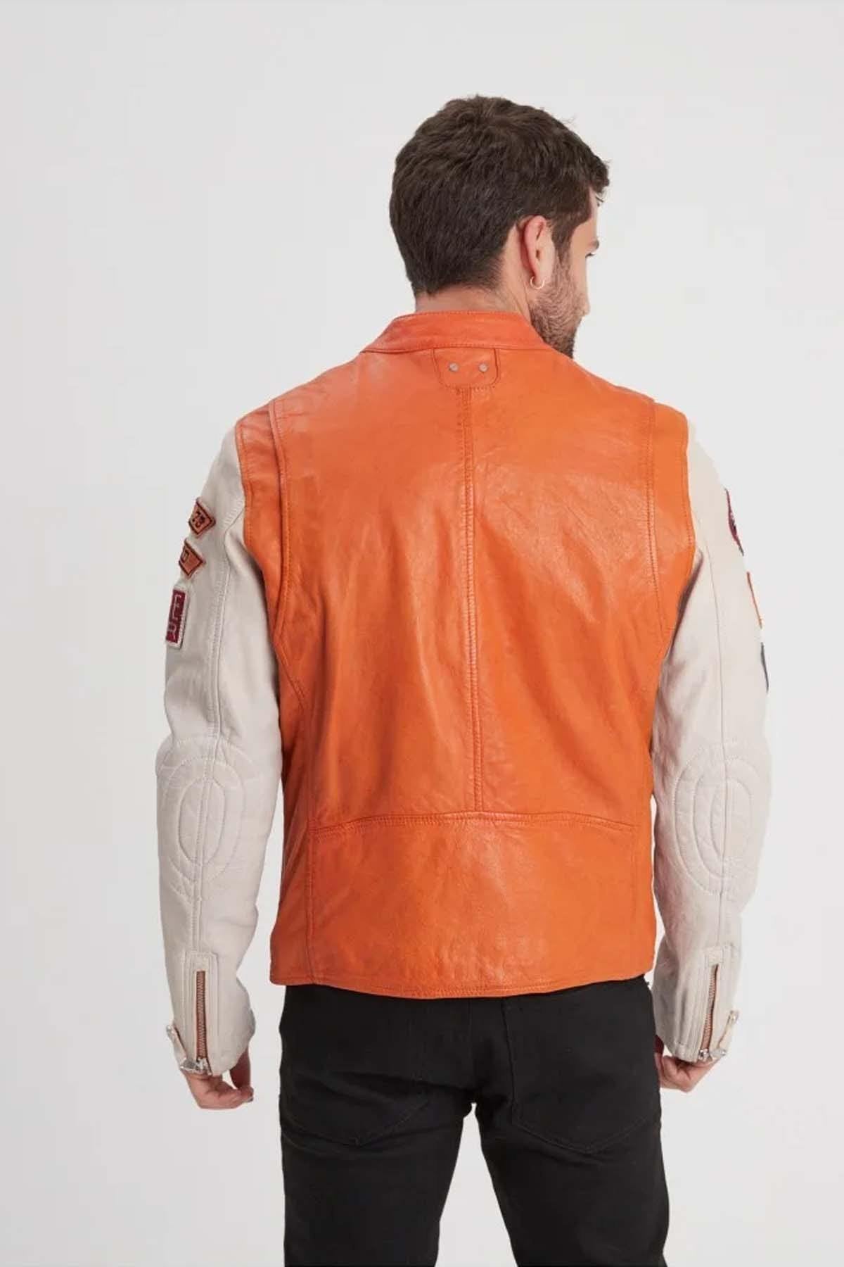 Vintage two-tone orange leather motorcycle jacket - Image n°6