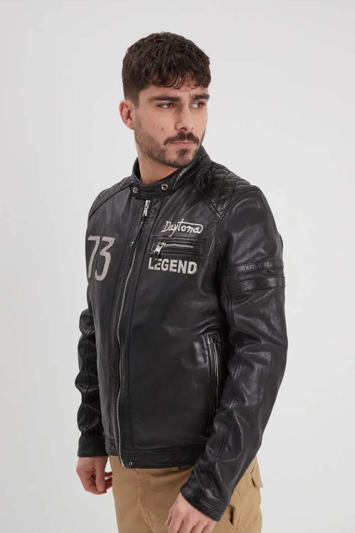 Black biker-style leather jacket with hood - Image n°3