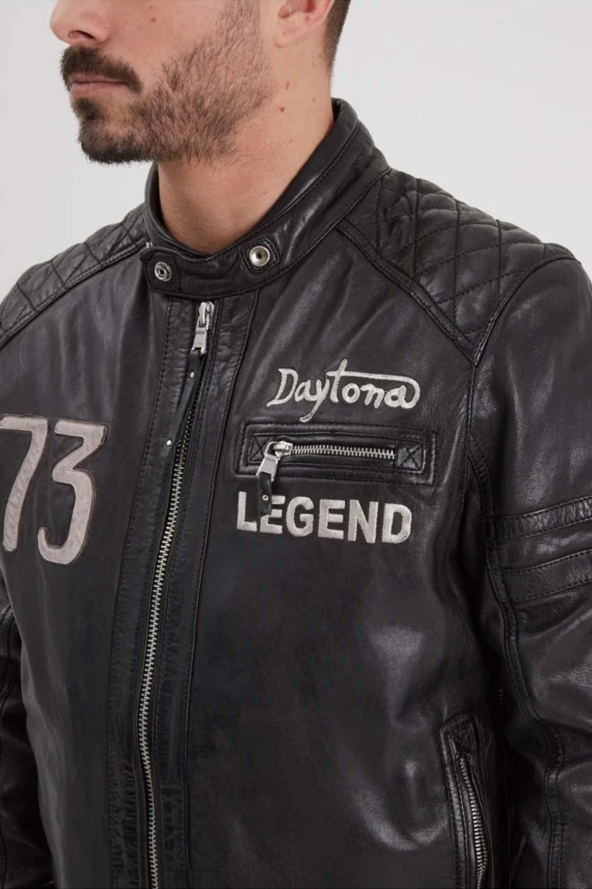 Black biker-style leather jacket with hood - Image n°8