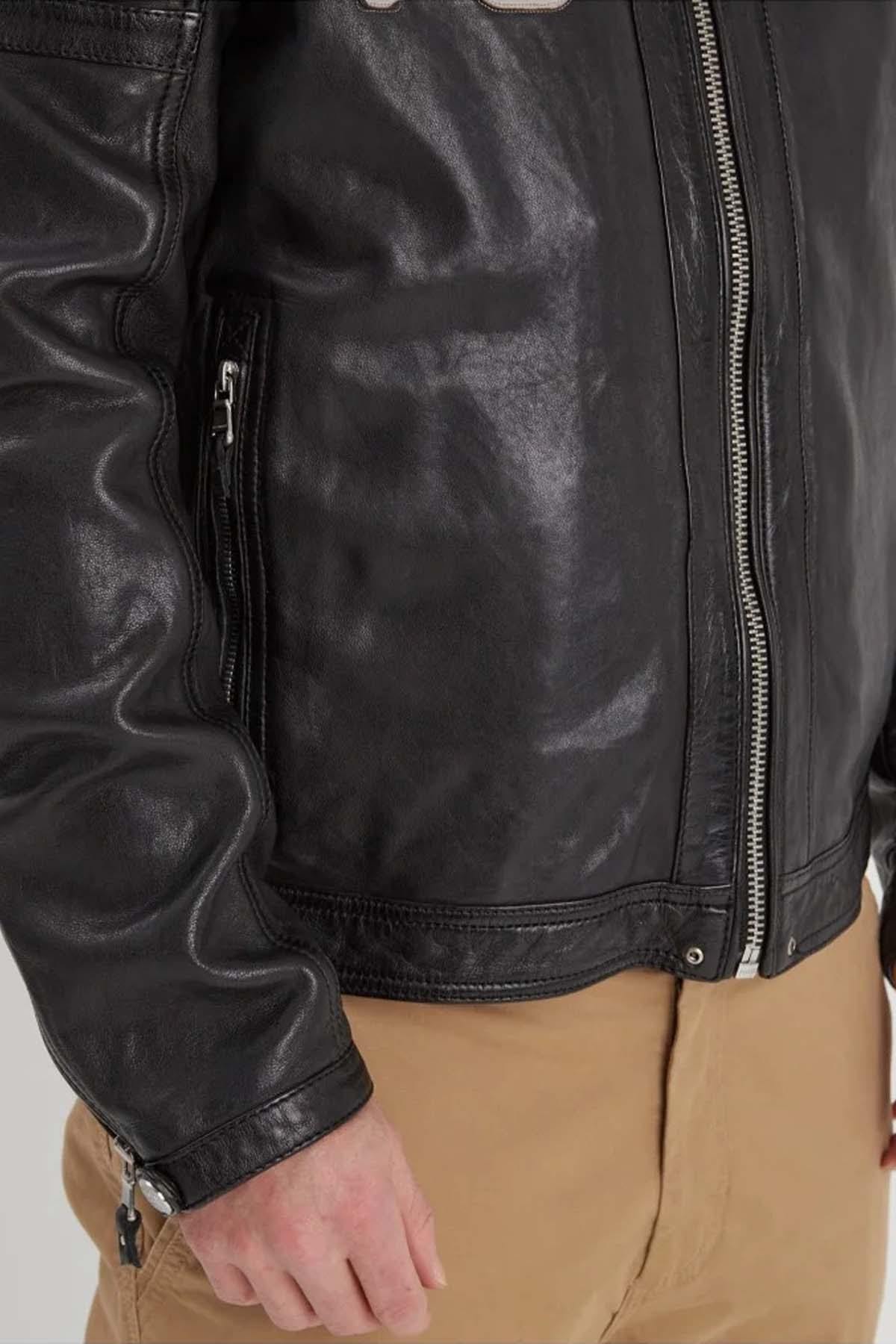 Black biker-style leather jacket with hood - Image n°10