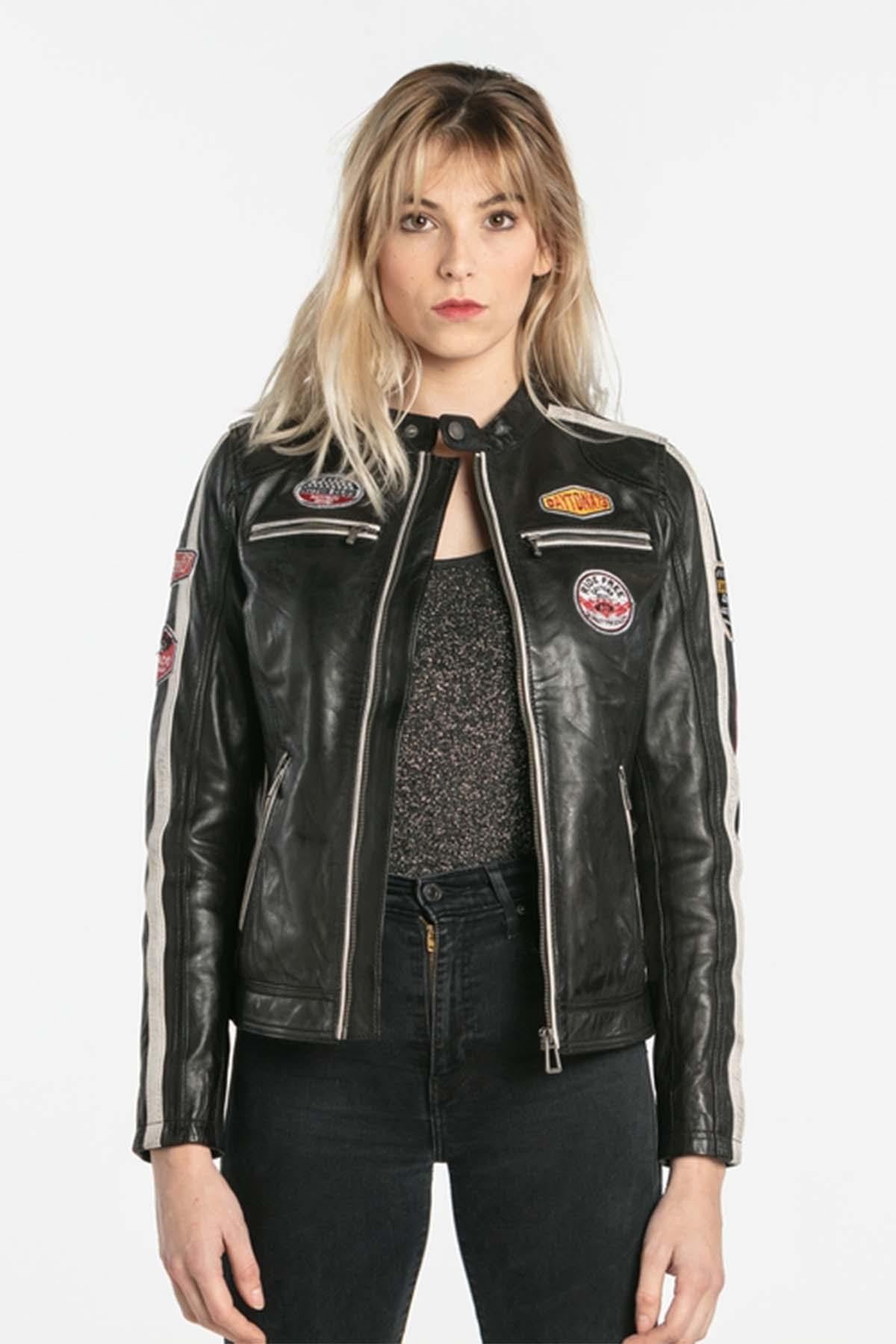 Black leather biker jacket with patches - Image n°3